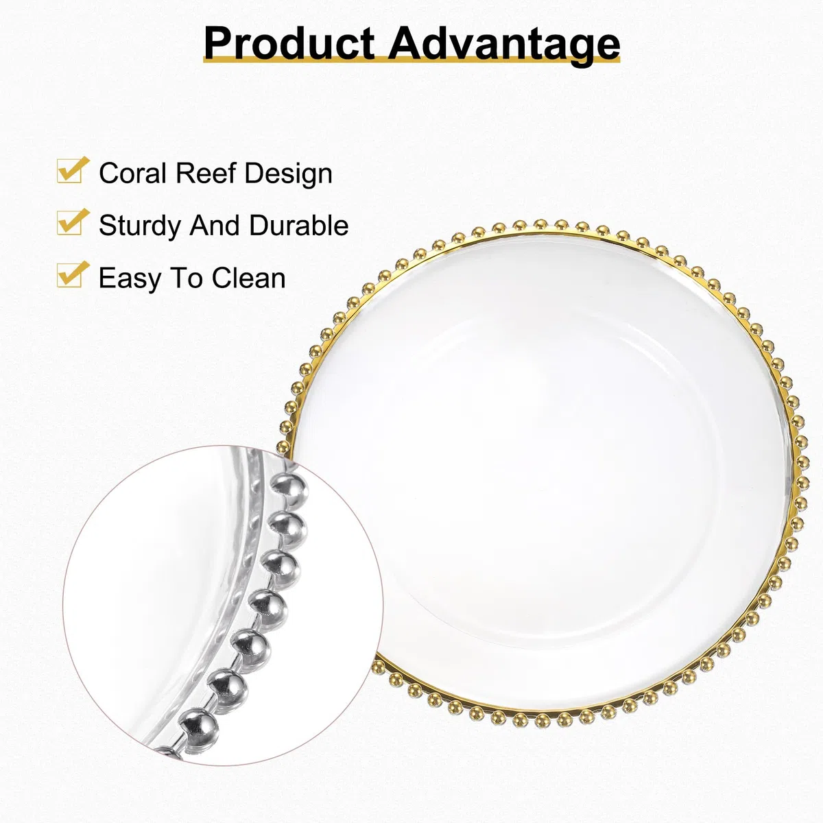 QUARKZMAN 6 plateaux de service transparents en gros, 13" plateaux ronds en plastique avec bordure perlée pour décoration de table de mariage, fête ou événement, argent