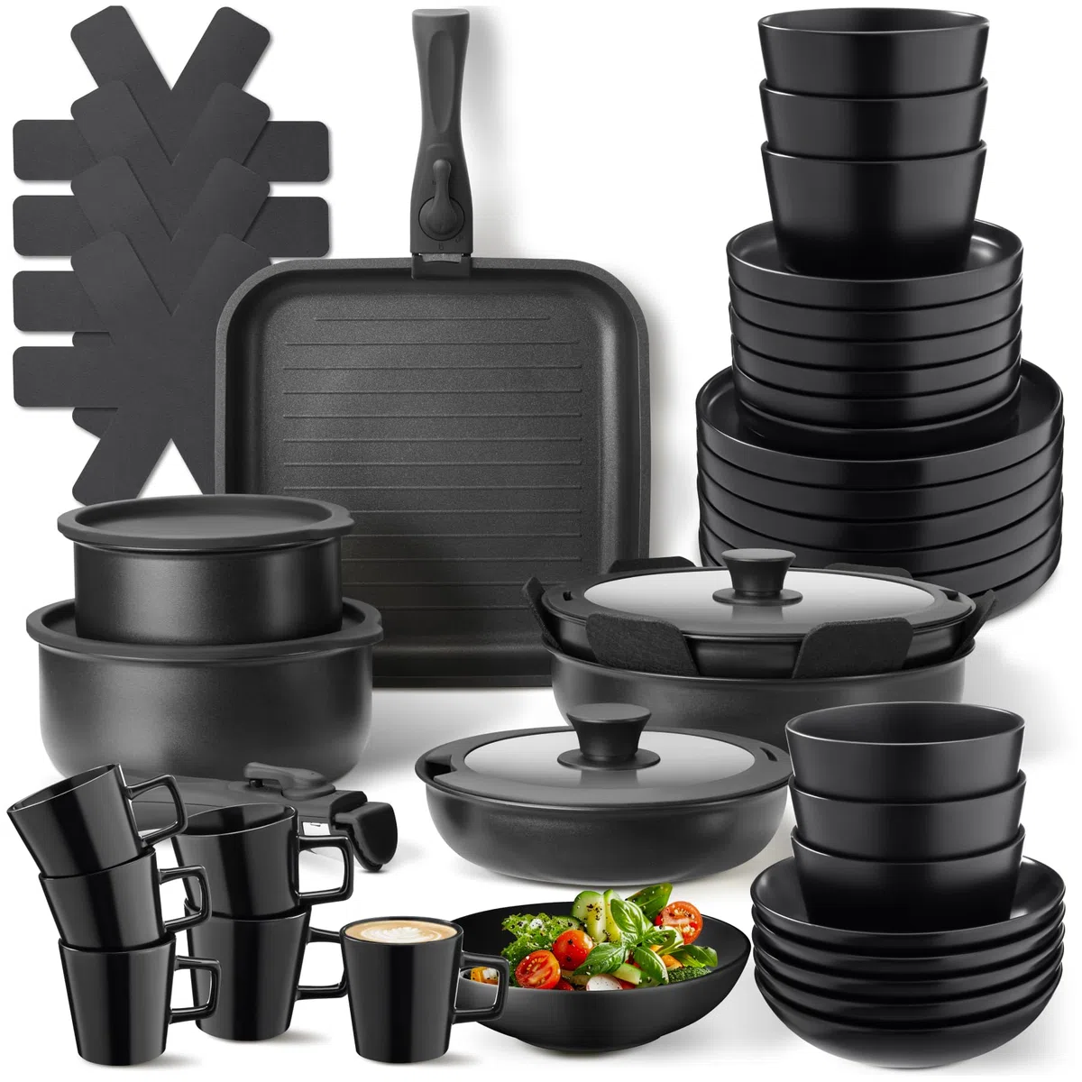 tectake® Set de cuisine 47 pièces, Service de table 6 personnes et Batterie de cuisine, Poêles Casseroles Service vaisselle Assiettes petites et grandes Assiettes creuses Bol Tasse Vaisselle en grès