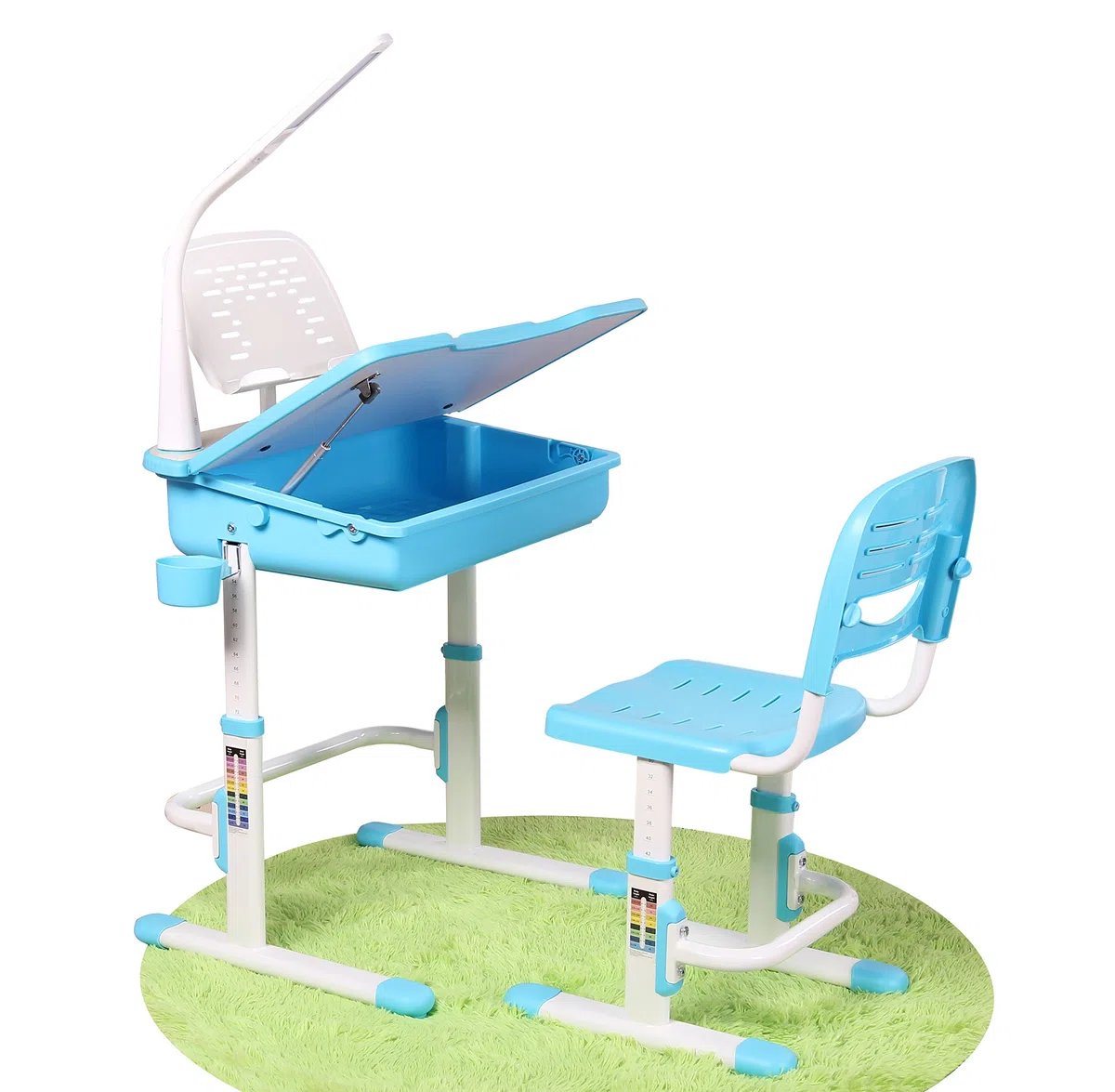 Leomark Bureau Ergonomique avec Une Chaise et Lampe pour Enfants Couleur Bleu Réglage en Hauteur - Tabouret d'enfants Apprendre et s'Amuser Chambre d'enfants Equipement de Salle