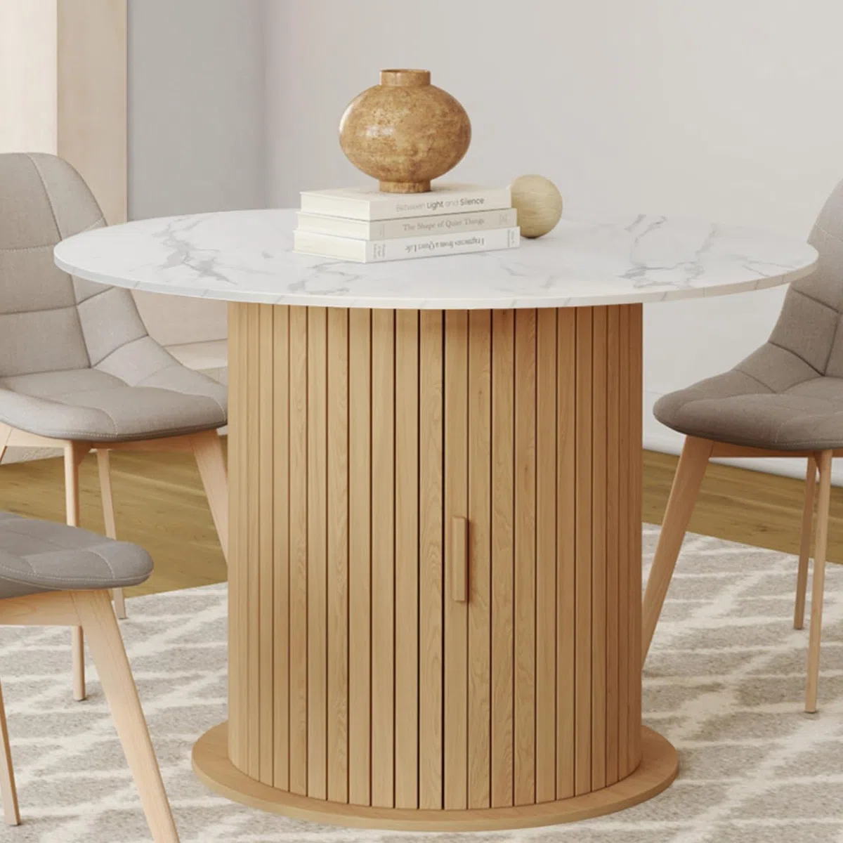 IDMarket - Table à Manger Extensible Ronde Juliette 4-8 Personnes Pied Lattes avec Rangement et Plateau Effet marbre Blanc 110-150 cm