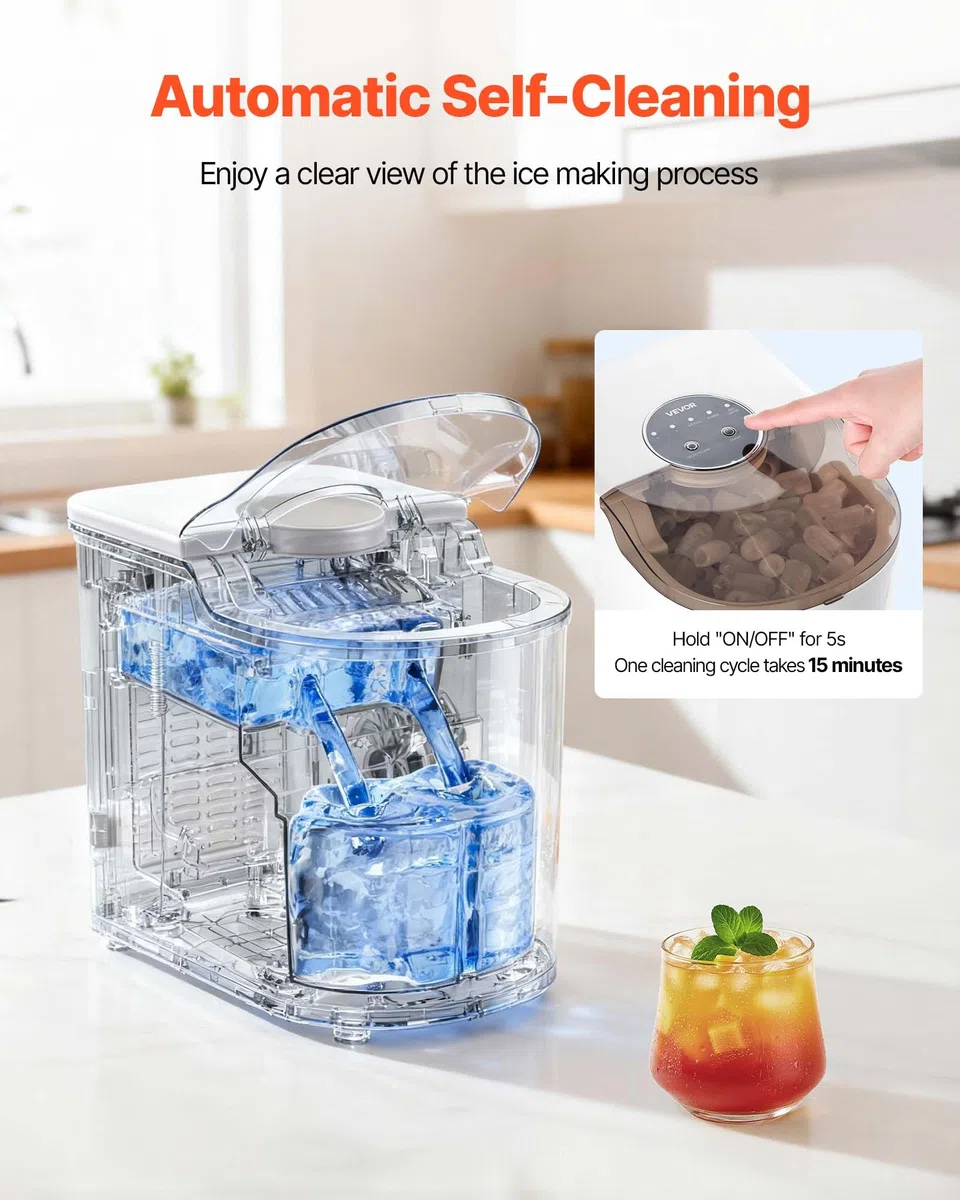 VEVOR Machine à Glaçons de Comptoir Portable, Appareil à Glaçons Capacité de Production 11,8 kg/24 h et 7 Cubes Prêts en 6 Minutes, pour Bar Bureau Cuisine Maison, Autonettoyant, avec Pelle à Glace