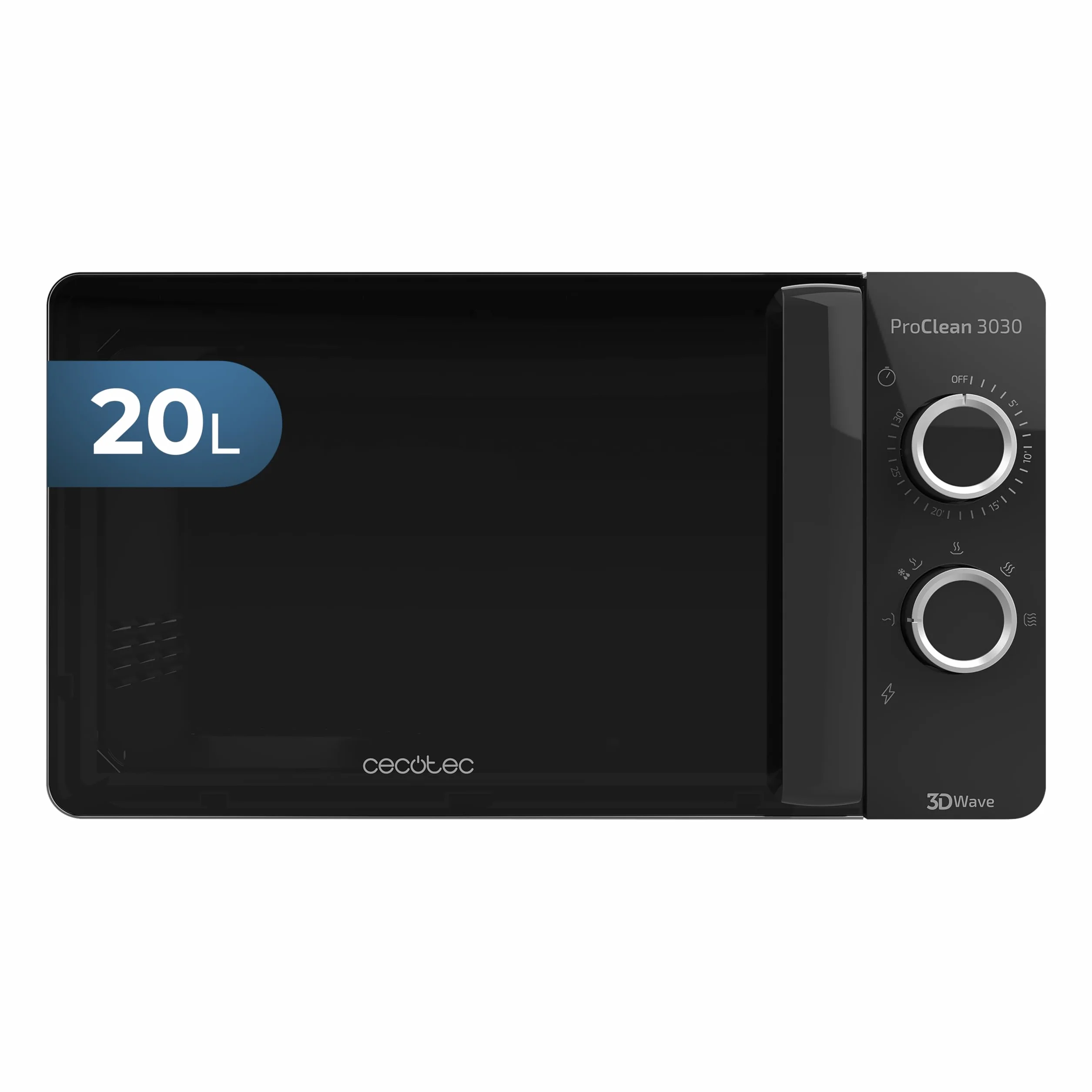 Cecotec Micro-ondes ProClean 3030. Capacité de 20 L, Revêtement Ready2Clean, 700 W de Puissance, 6 Niveaux de Fonctionnement, Minuterie 30 minutes, Mode Décongeler, Finition Noir.