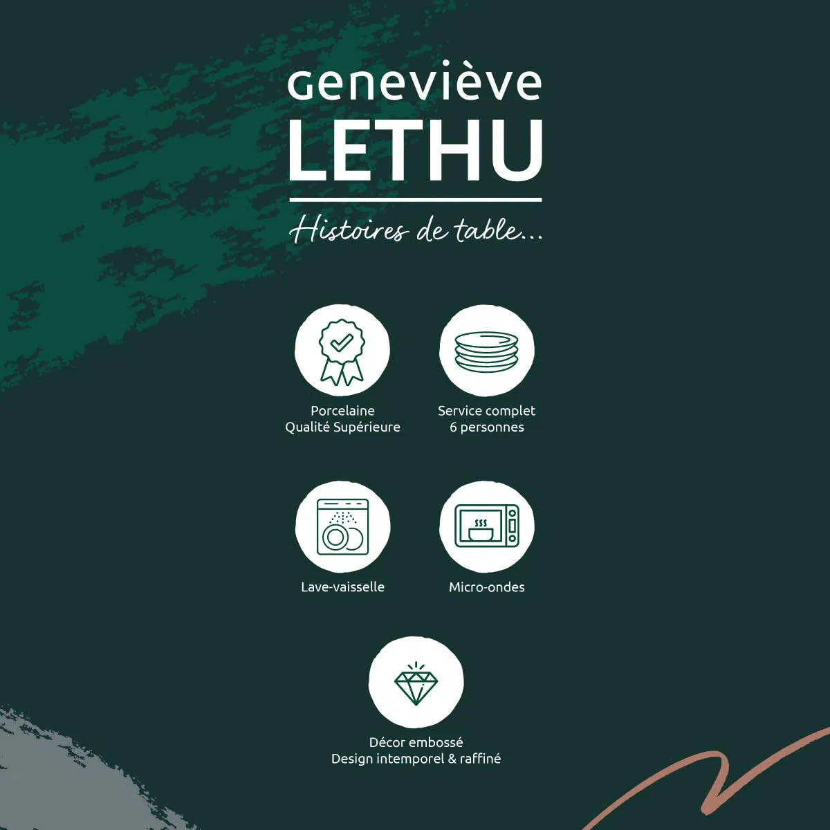 Geneviève Lethu 545867 Service de Table en Porcelaine Blanche 18 pièces pour 6 personnes - Assiettes plates, assiettes creuses, assiettes à dessert - Décor Embossé collection Calais Caudry