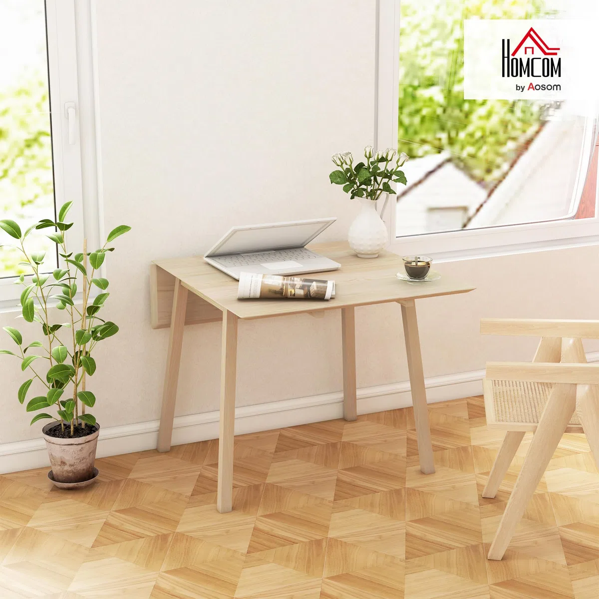 HOMCOM Table de Cuisine Pliable Table à Manger Pliante avec Plateau Rabattable en Bois pour 2 à 4 Personnes, Bois Naturel
