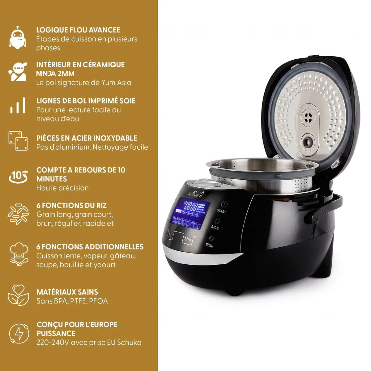 Yum Asia Sakura Cuiseur à riz avec bol en céramique et logique floue avancée, (8 tasses, 1,5 litre), 6 fonctions de cuisson du riz, 6 fonctions multicuiseur, écran LED Motouch, 220-240V