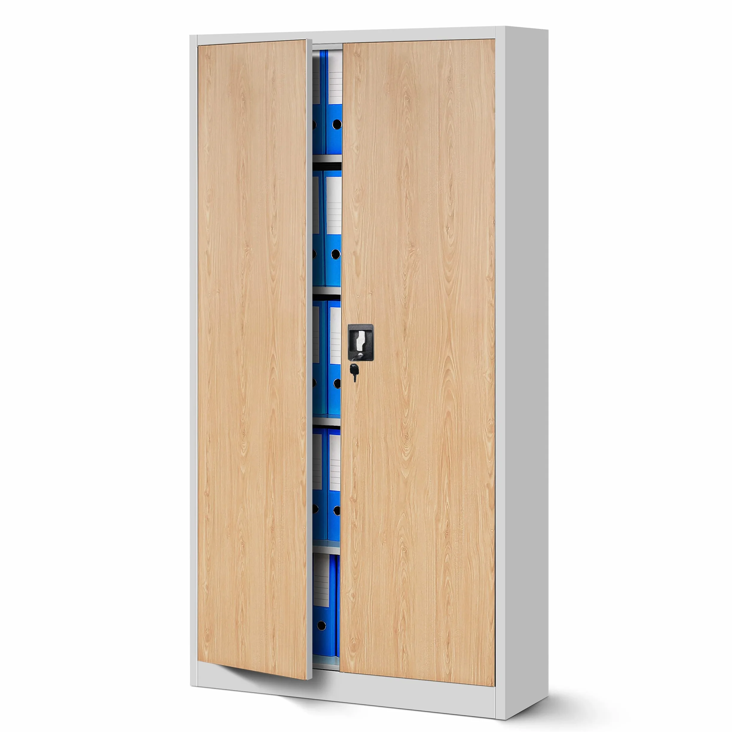 Jan Nowak Armoire de Bureau métallique 4 étagères tôle d'acier revêtement en Poudre 185 cm x 90 cm x 40 cm (Blanc/Imitation Bois)
