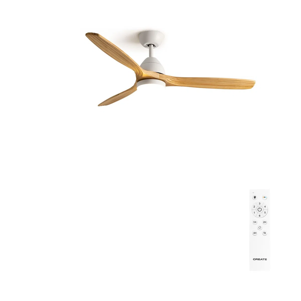 CREATE / WINDCUP/Ventilateur de plafond avec lumière et télécommande, blanc lames bois naturel / 40W, Silencieux, Ø132 cm, 6 vitesses, minuterie, été-hiver, double hauteur, moteur DC