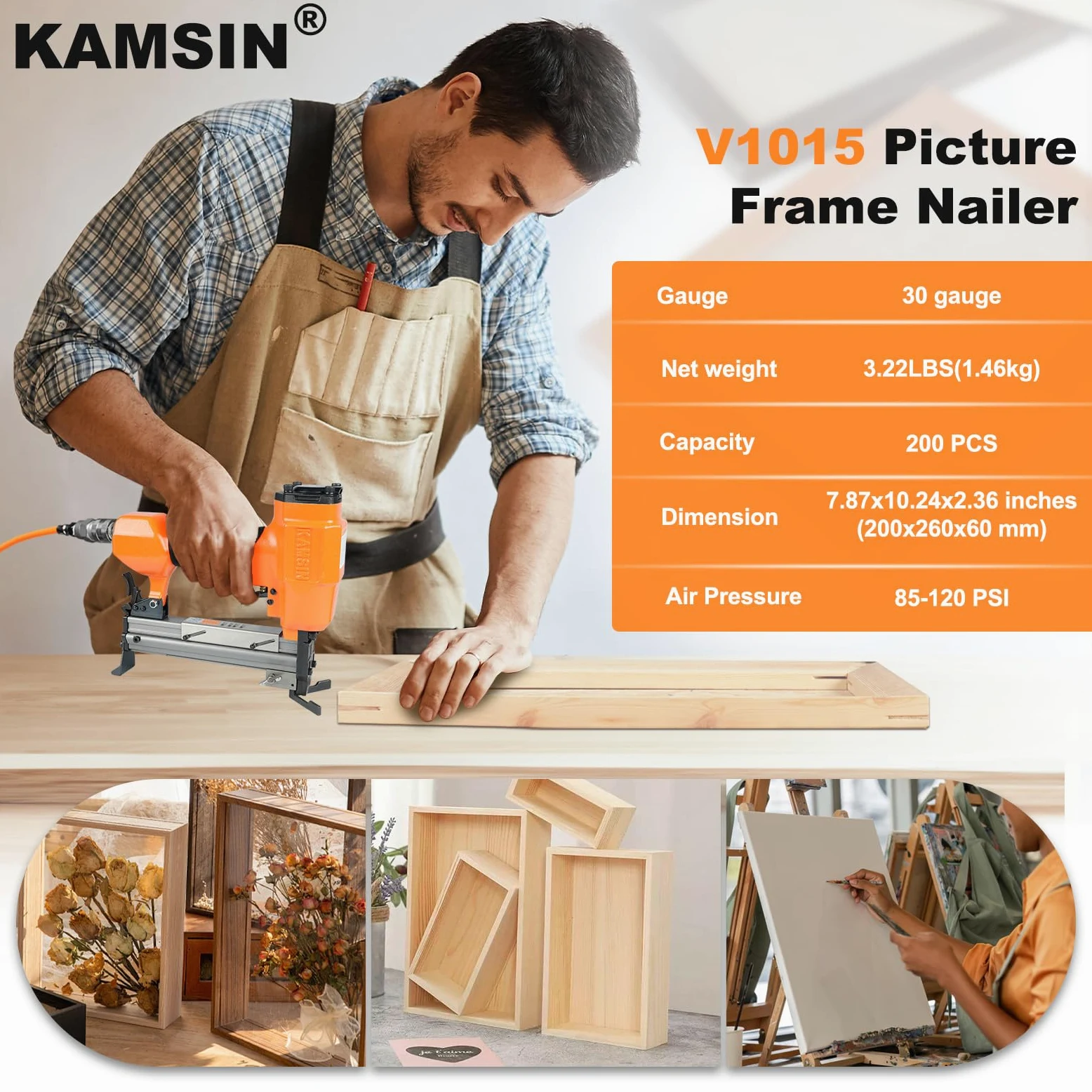 V1015 Cloueur en V pneumatique pour cadres de 30 mm, accepte les clous en V de 7 à 15 mm de longueur