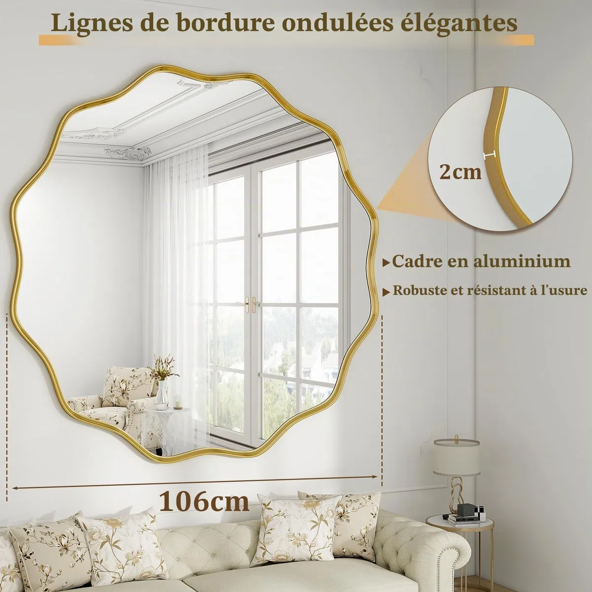 BEAUTYPEAK Miroir rond de 106 cm - Avec bord ondulé - Cadre en aluminium - Grand miroir rond à suspendre et à s'appuyer - Miroir mural rond pour chambre à coucher, salle de bain, couloir - Doré