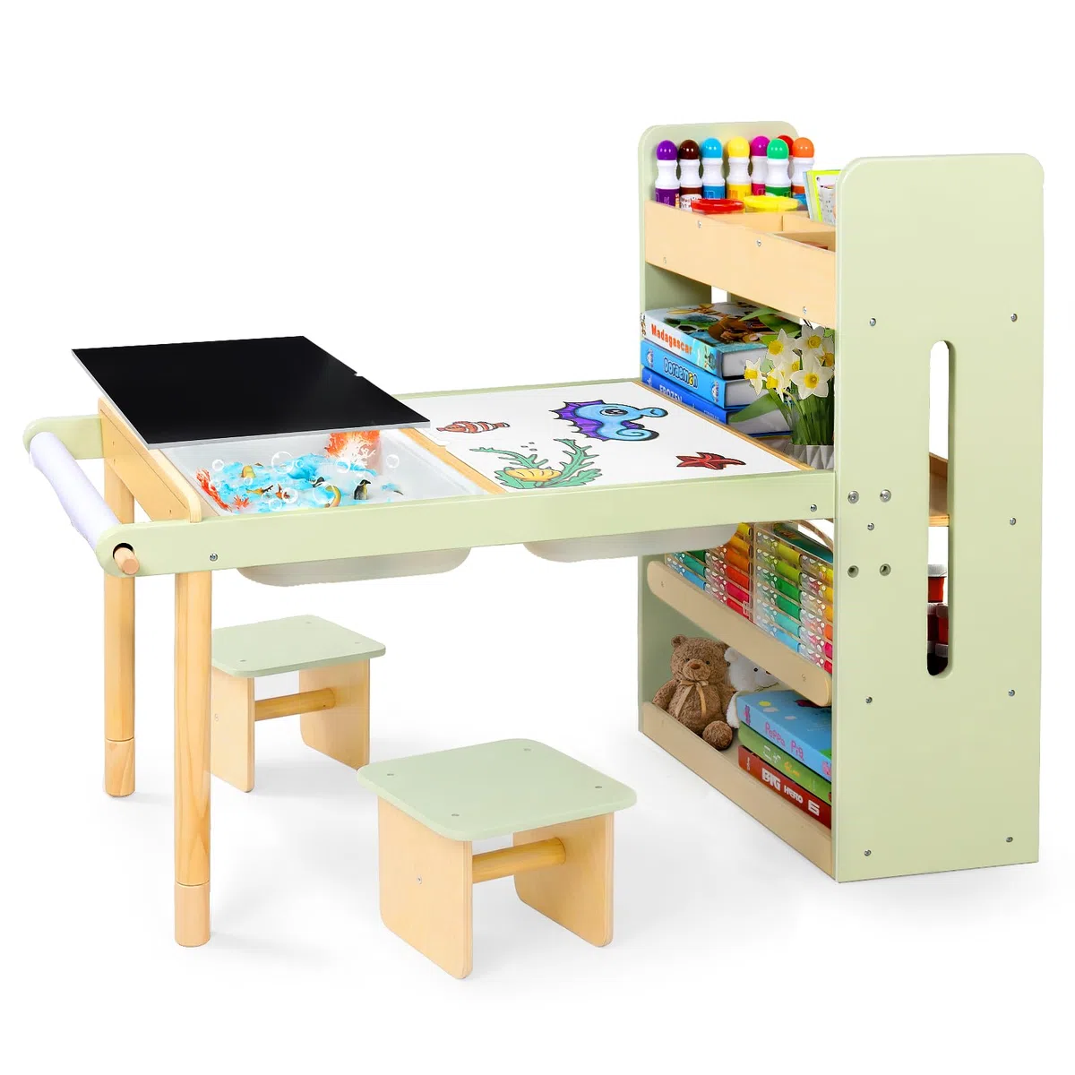 LOL-FUN Table Sensorielle pour Enfant avec 2 Petits Tabourets, Cadeau Table en Bois avec 2 Bacs de Rangement pour Garçons et Filles,Table D'activités pour Apprendre, Jouer et Dessin