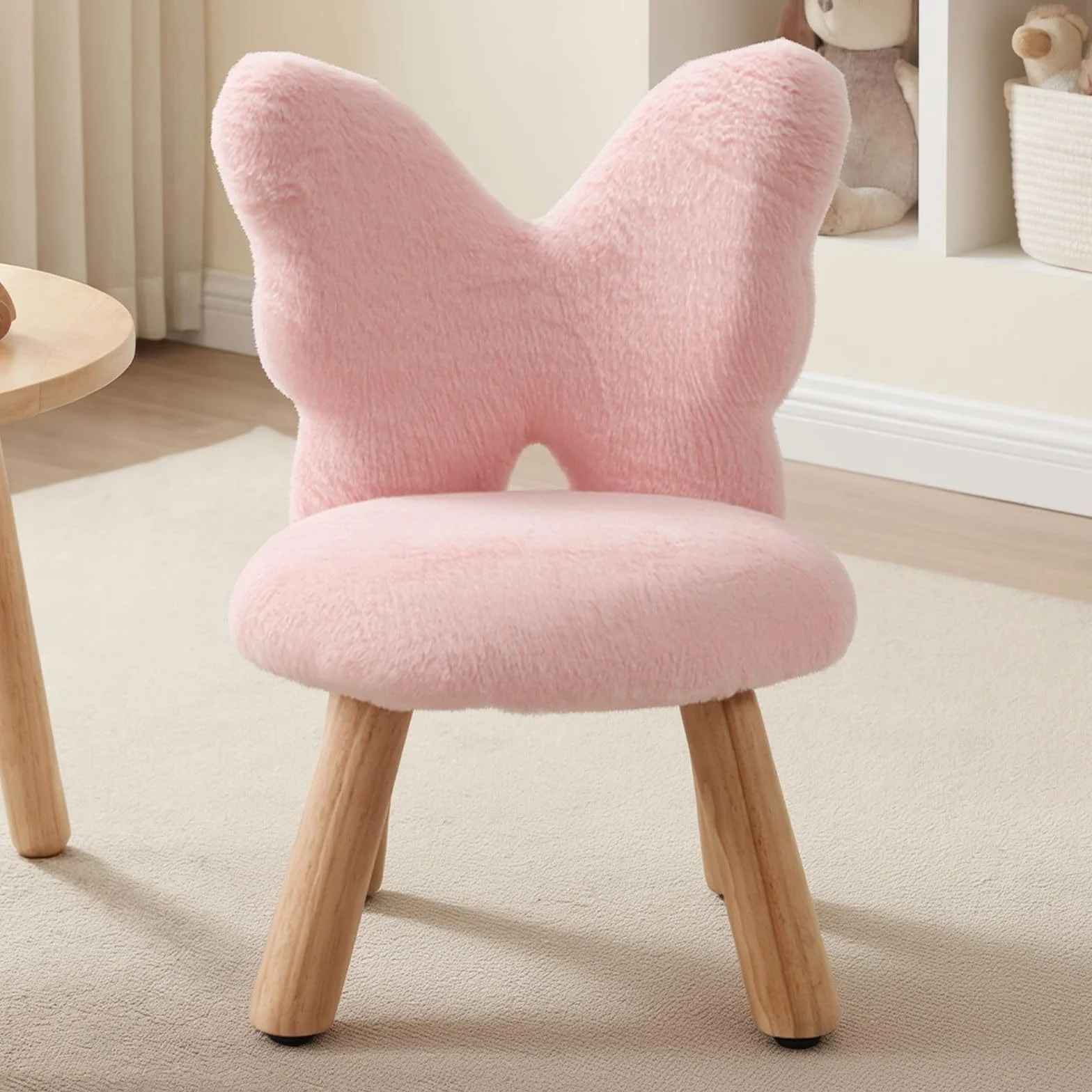 chairus Tabouret Enfant avec Dossier en Forme de Papillon, Chaise Enfant en Fausse Fourrure, Petit Tabouret Bois pour Chambre, Salon, Rose