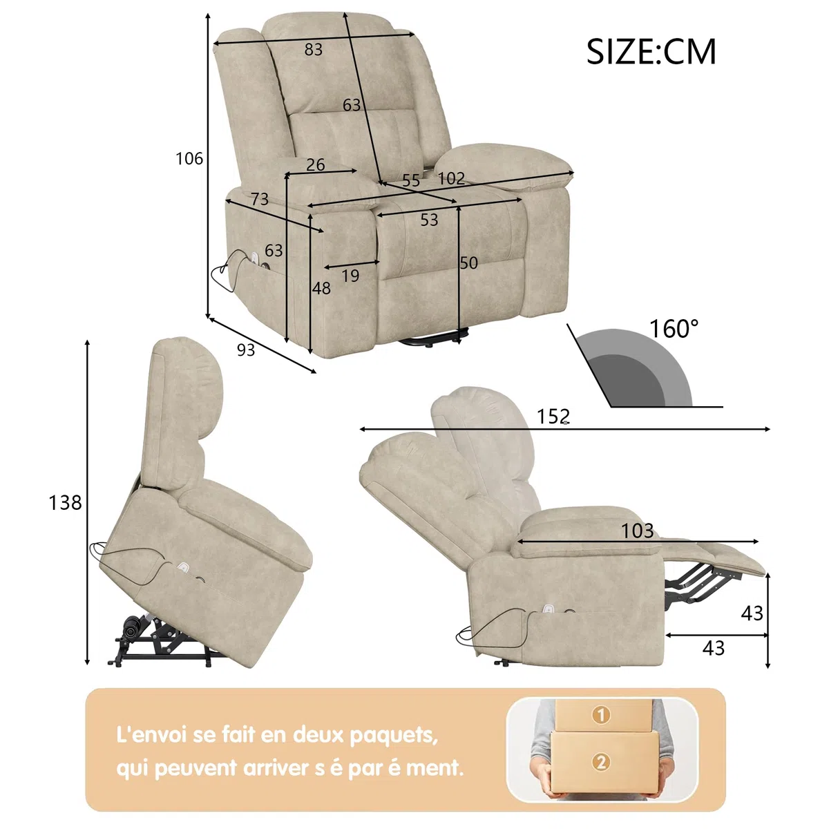 LIVLUX Fauteuil de Massage électrique, Fauteuil releveur électrique avec Fonction Massage et Chaleur, avec Poches latérales et Repose-Pieds Extensibles, canapé de Relaxation inclinable (Beige)