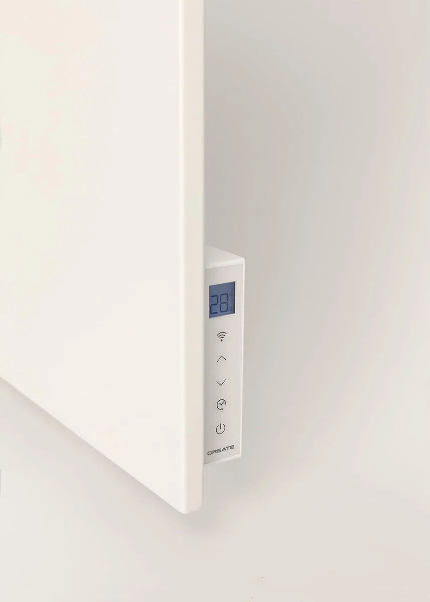 CREATE/WARM MINIMAL IR/Chauffage infrarouge mural avec WiFi blanc cassé/Pour des pièces allant jusqu'à 10m², contrôle via l'application, protection IP24, finition miroir, 520W