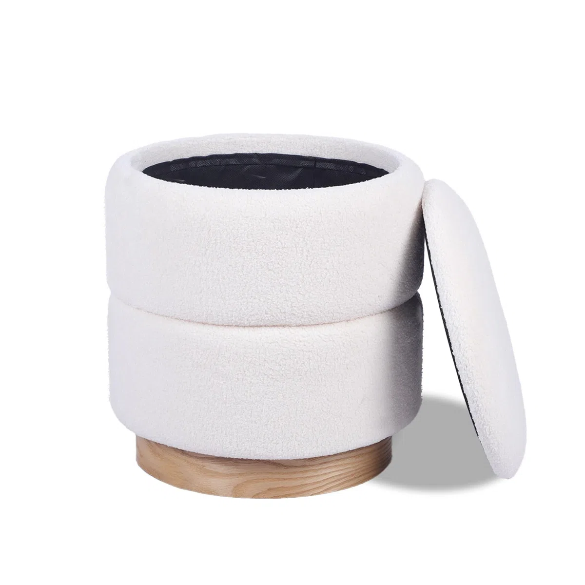 Pouf Coffre ROMÉO en Tissu Bouclette Blanc – Tabouret de Rangement Style Scandinave et Art Déco avec Base Bois Apparente – Pouf Rigide Chic et Pratique pour Salon ou Chambre – 37 x 37 x 42 cm