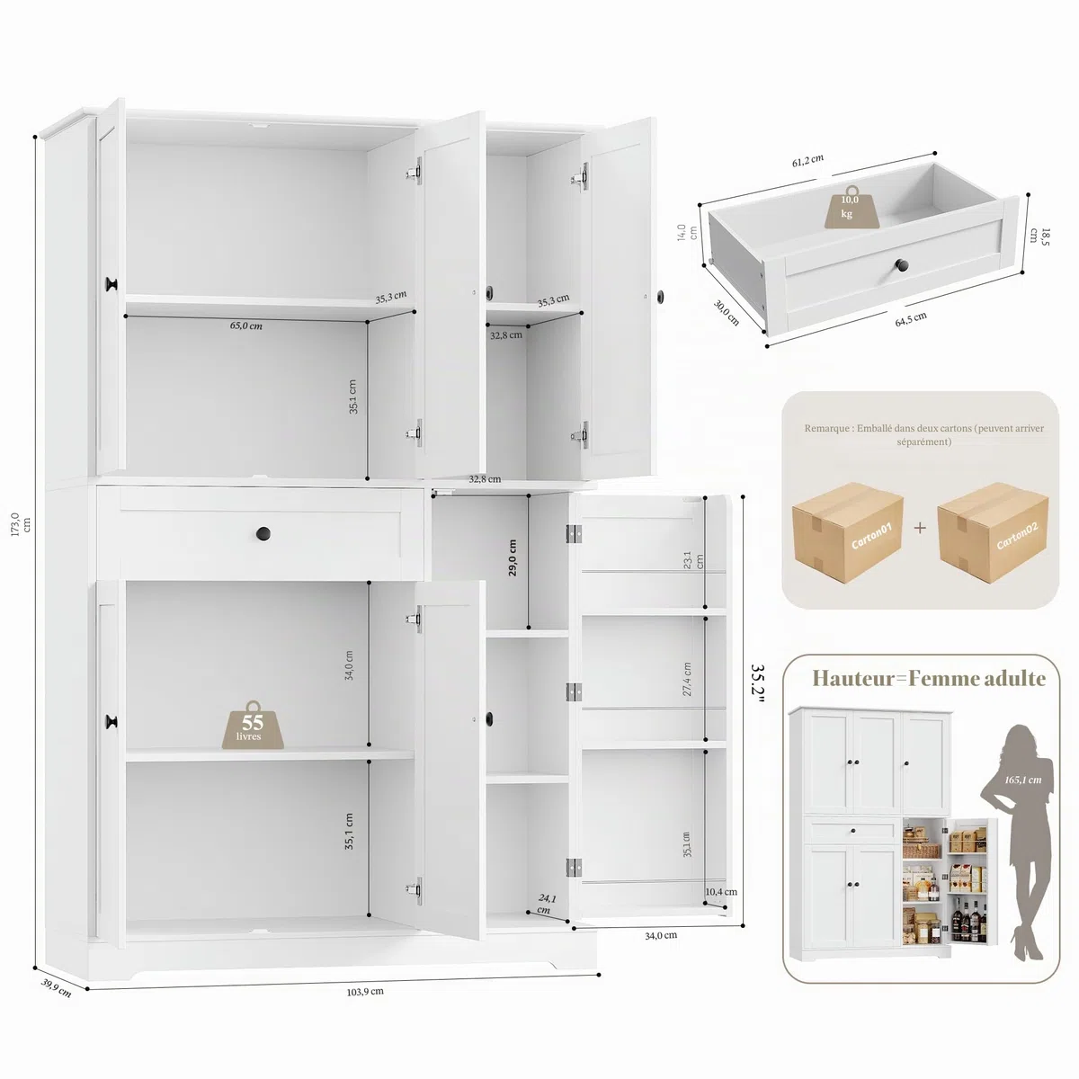 HOSTACK Armoire de Rangement Haute de 172 cm pour Cuisine et Garde-Manger, Meuble de Cuisine Moderne avec Portes et Étagères, Garde-Manger Autoportant avec Grand Tiroir de Rangement pour Salle à