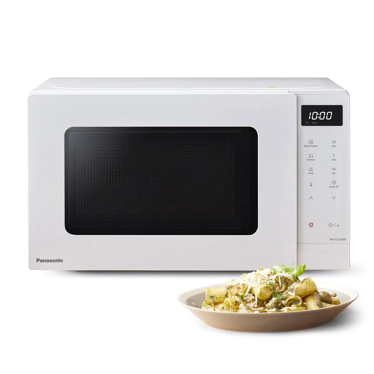 Panasonic NN-ST21QWEPG Four Micro-Ondes Solo 20L avec Plateau en Verre, 800W, Décongélation Automatique, 11 Programmes Automatiques, Affichage LED, 5 Niveaux de Puissance, Minuterie Numérique, Blanc