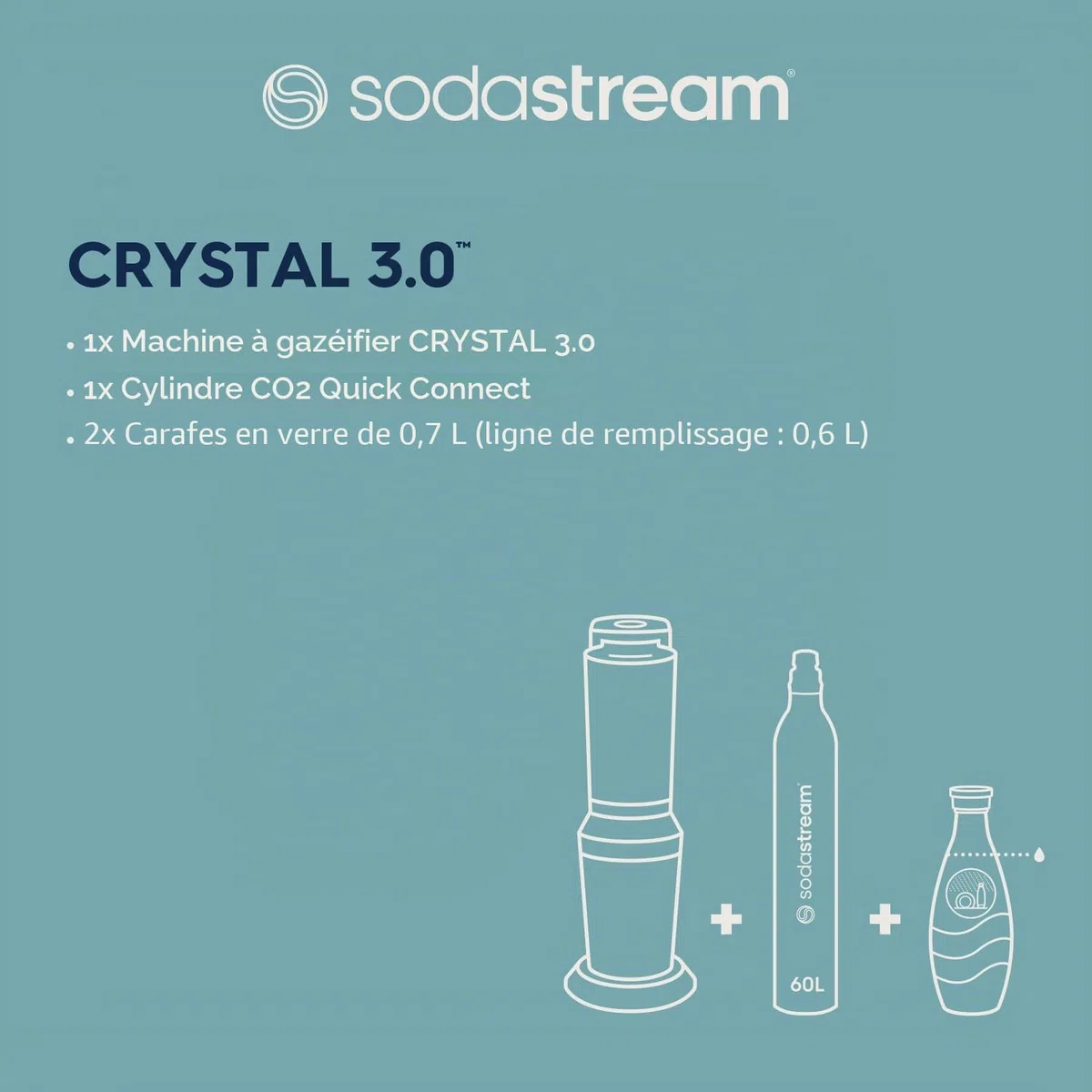 Sodastream Crystal – Machine à eau pétillante avec système CO₂ Quick Connect, cylindre de gaz 60L et 2 carafes en verre 0,7L inclus, noire