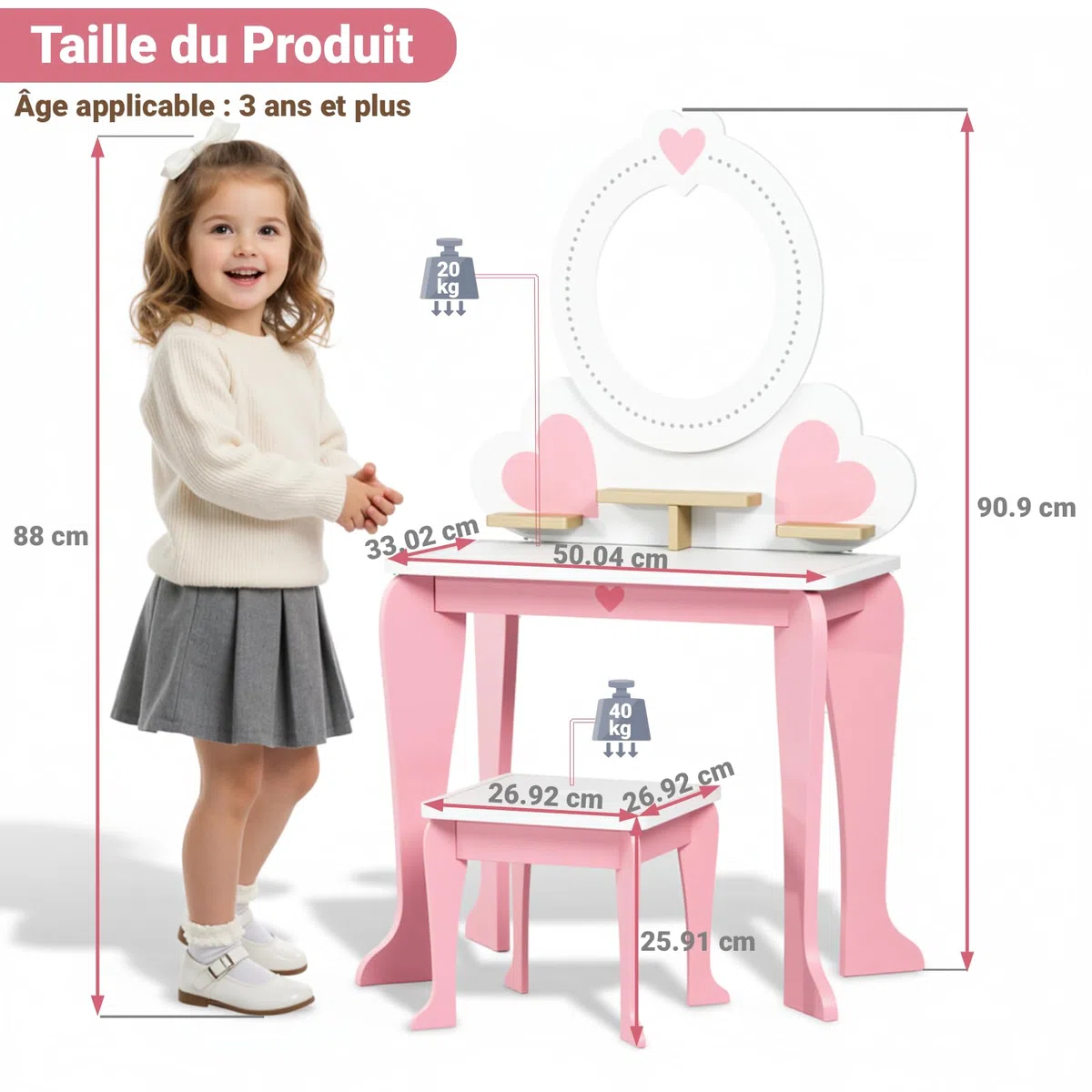 Clevich 2 en 1 Coiffeuse Enfant, Coiffeuse pour Fille avec Miroir et Tabouret Enfant, Bureau pour Enfants, Table de Maquillage pour Enfants 3 à 8 Ans (Rose)