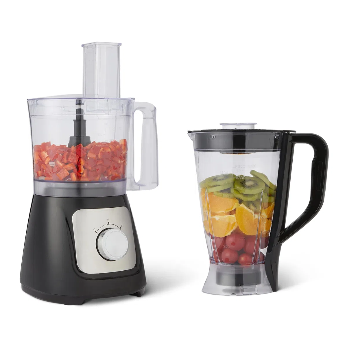 Amazon Basics Robot culinaire et fouet à 2 vitesses, bol de 2,4 litres et carafe de 1,5 litre, 800 W, noir