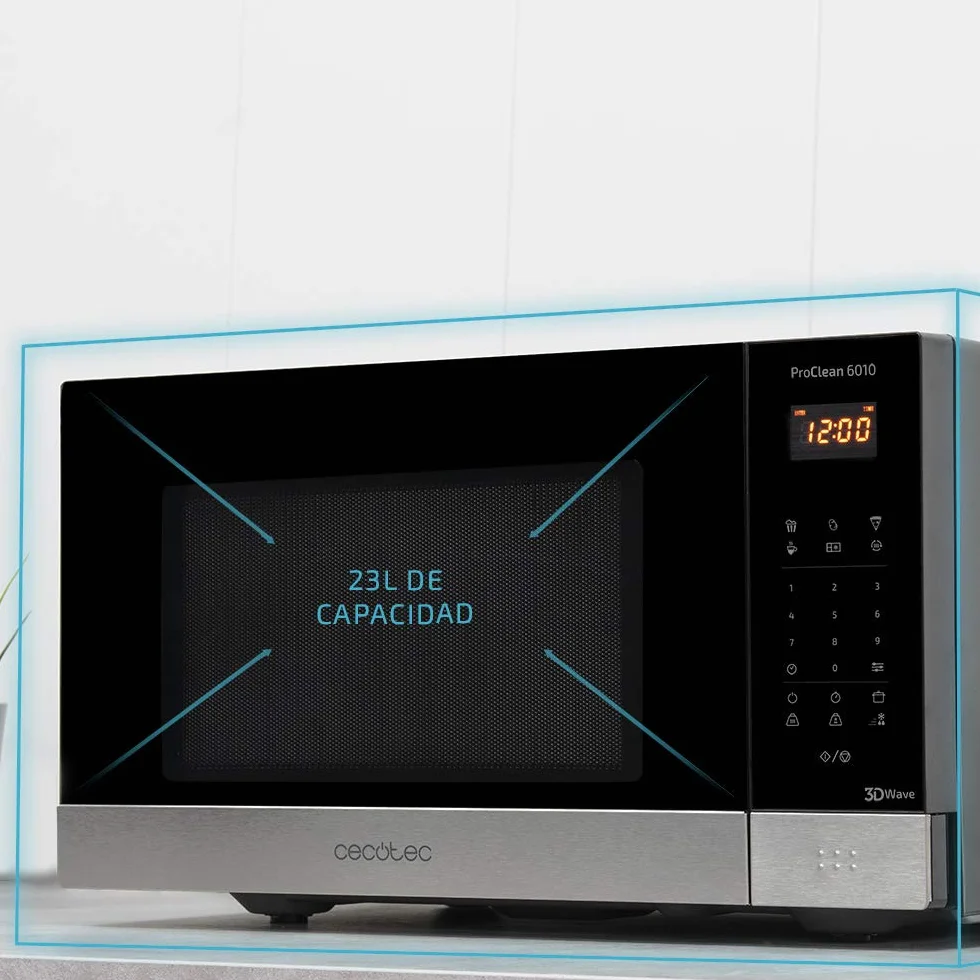 Cecotec ProClean 6010 - Micro-ondes Numérique ProClean 6010 avec revêtement Ready2Clean, Technologie 3DWave, 800 W, 23 l, Design élégant, Acier inoxydable, 8 programmes prédéterminés