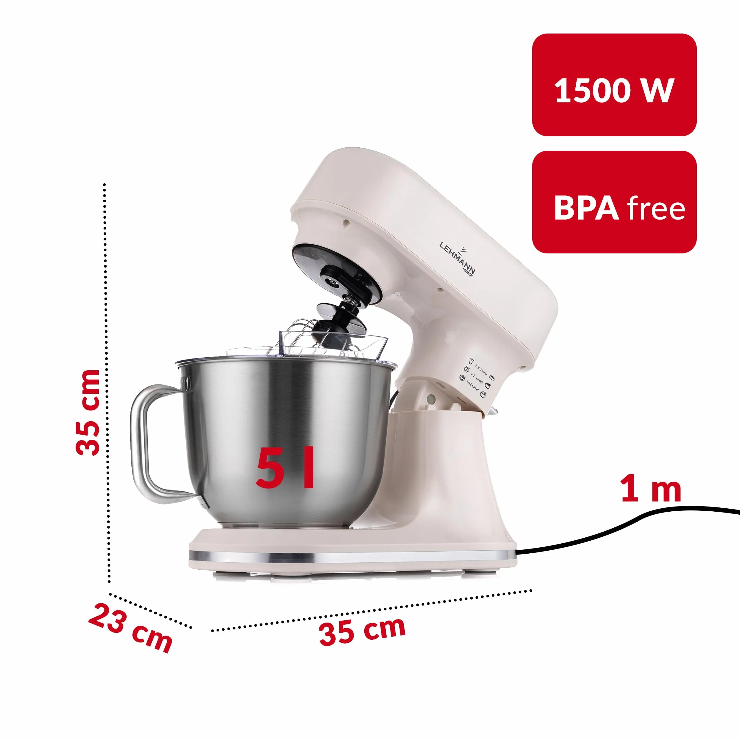 LEHMANN Robot Pâtissier avec Écran, 1500W, Bol Mélangeur 5L avec Fonction Fermentation et Chauffage, Balance Intégrée, 12 Vitesses, Minuterie, 3 Mélangeurs - Fouet, Batteur, Crochet, Beige