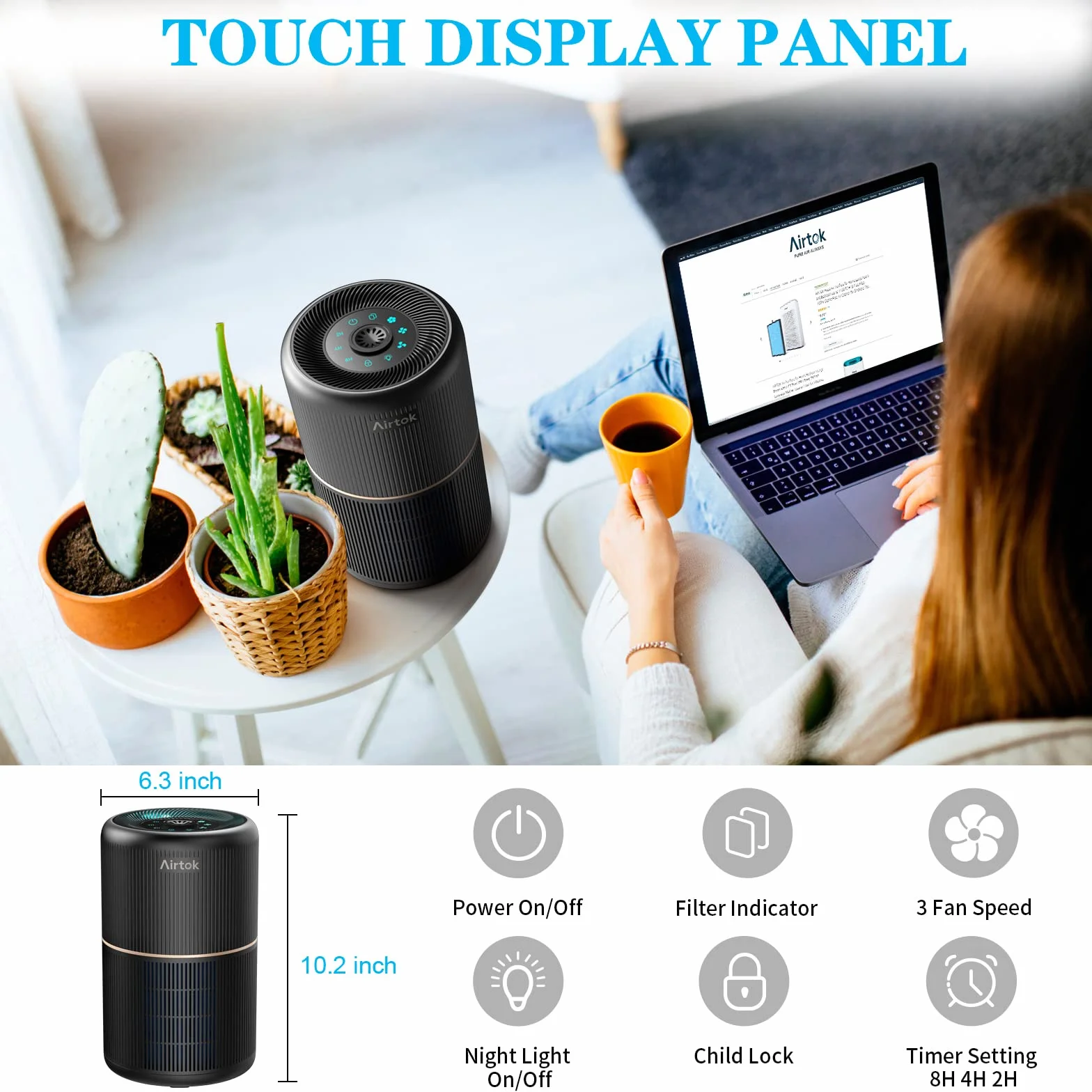 AIRTOK Purificateur d'air avec 12 éponges parfumées, purificateur d'air H13 HEPA élimine la poussière, les odeurs d'animaux, purificateur d'air domestique 4 étapes filtre à air pour chambre, bureau