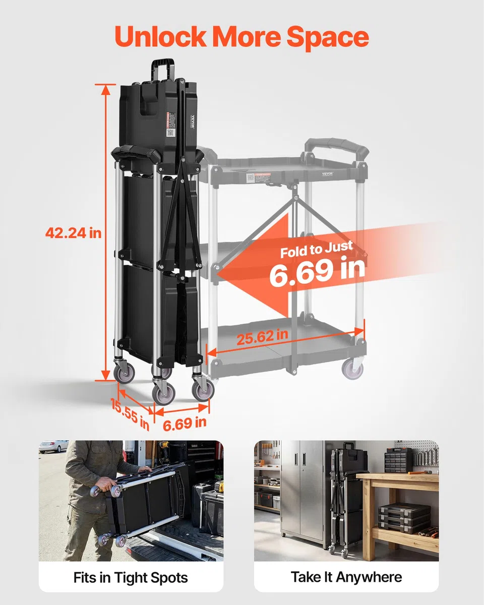 VEVOR Chariot de Service 65x39x83 cm Chariot de Transport Utilitaire Pliable 3 Étagères Capacité Totale 74,8 kg​ 25 kg​/Étagère Roues Pivotantes (2 avec Freins) pour Outils de Garage Entrepôt Bureau