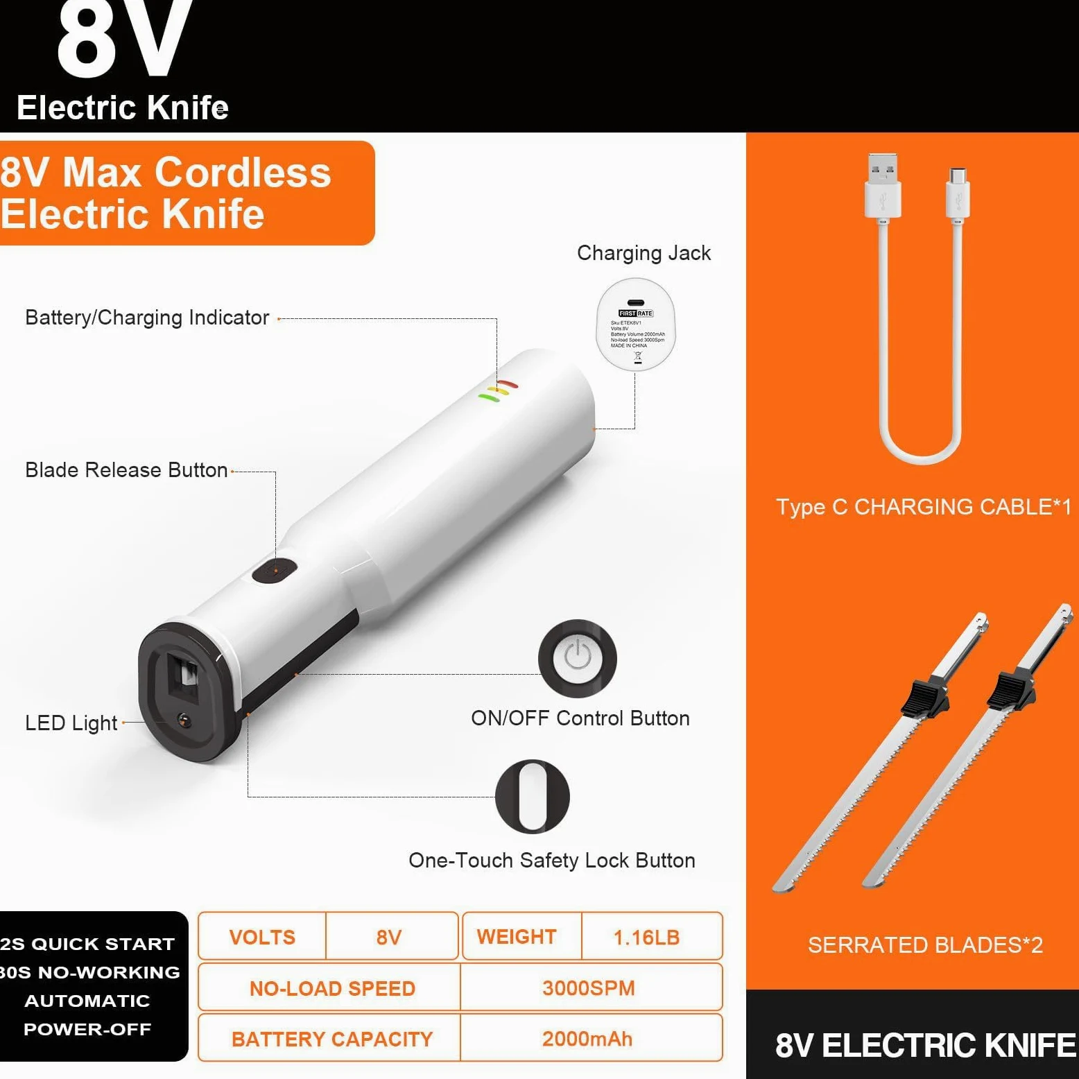 Couteau à viande électrique sans fil, à pain avec 2 lames dentelées de 8" en acier inoxydable, déclencheur de verrouillage de sécurité