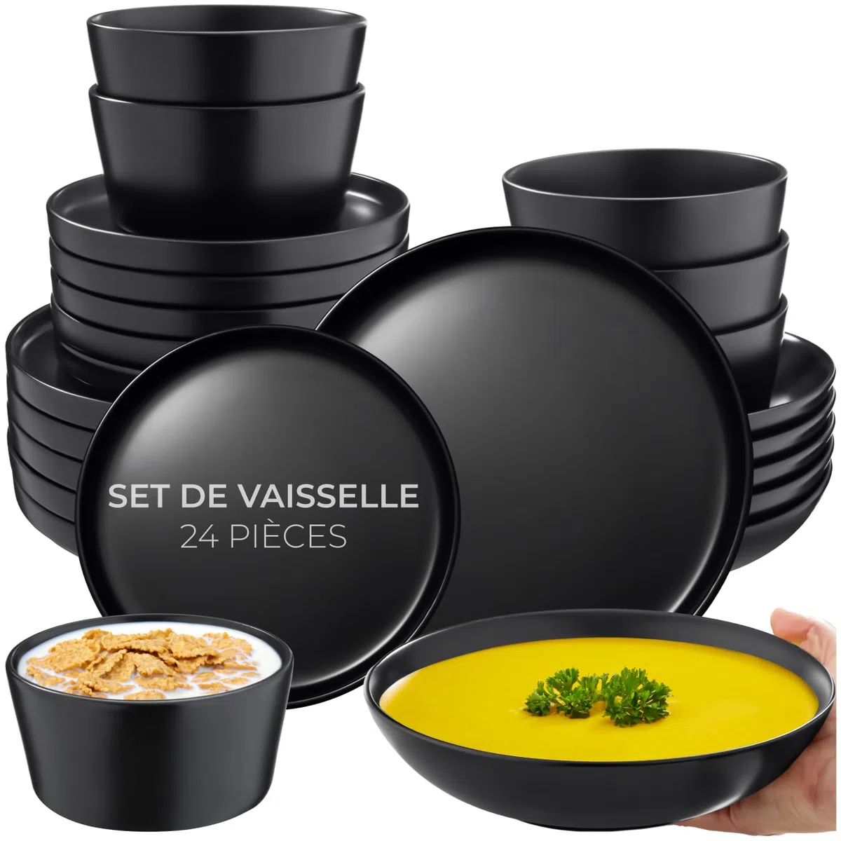 tectake® Service de table 6 personnes Service vaisselle et arts de la table 24p. avec 6x Assiettes creuses 6x assiettes plates 6x assiette à dessert 6x bols petit déjeuner Coupelle soupe Lot assiette