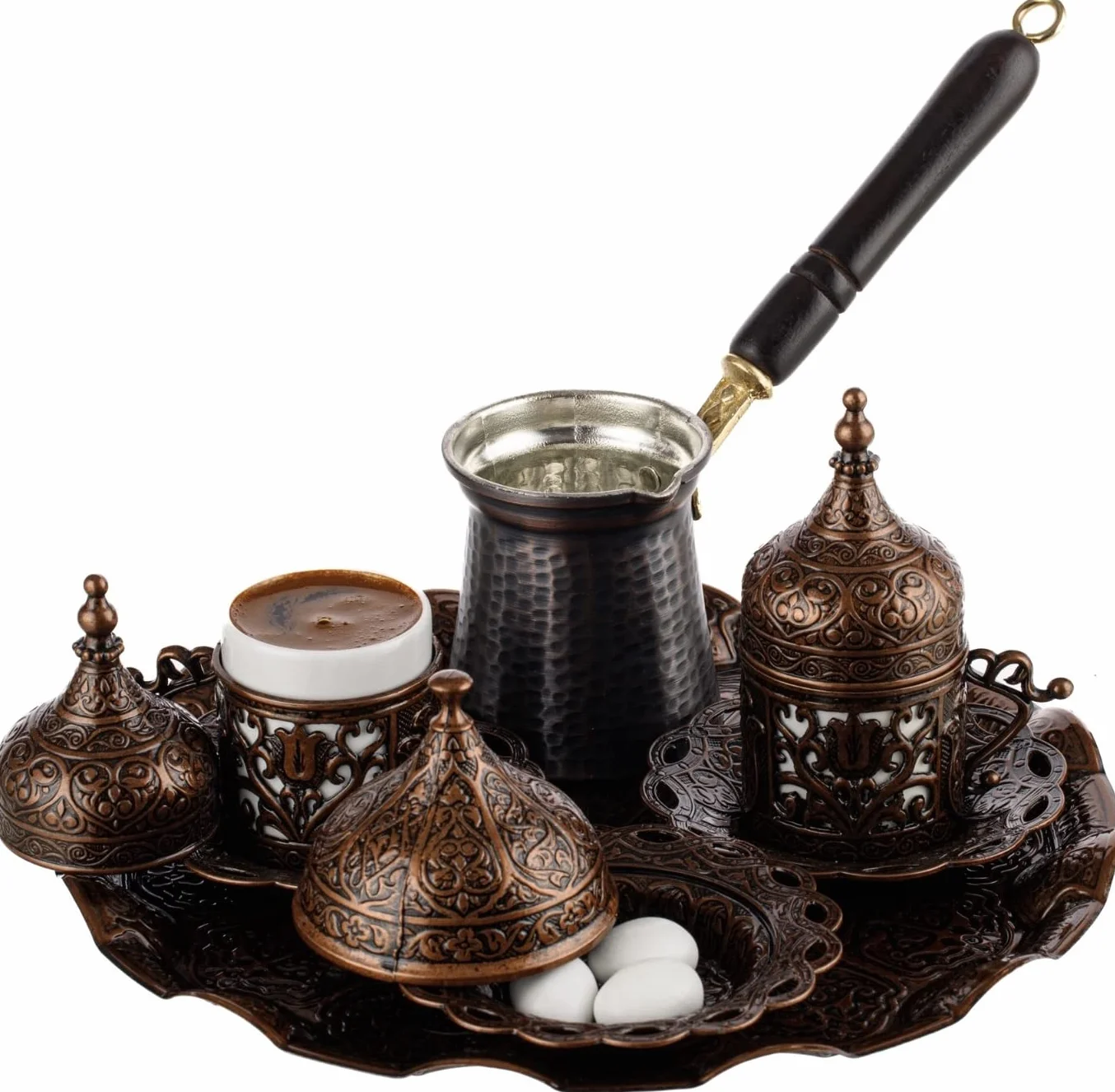 DEMMEX Lot complet de 12 tasses à café turc, grec, arabe avec tasses, soucoupes, couvercles, sucrier et cafetière en cuivre
