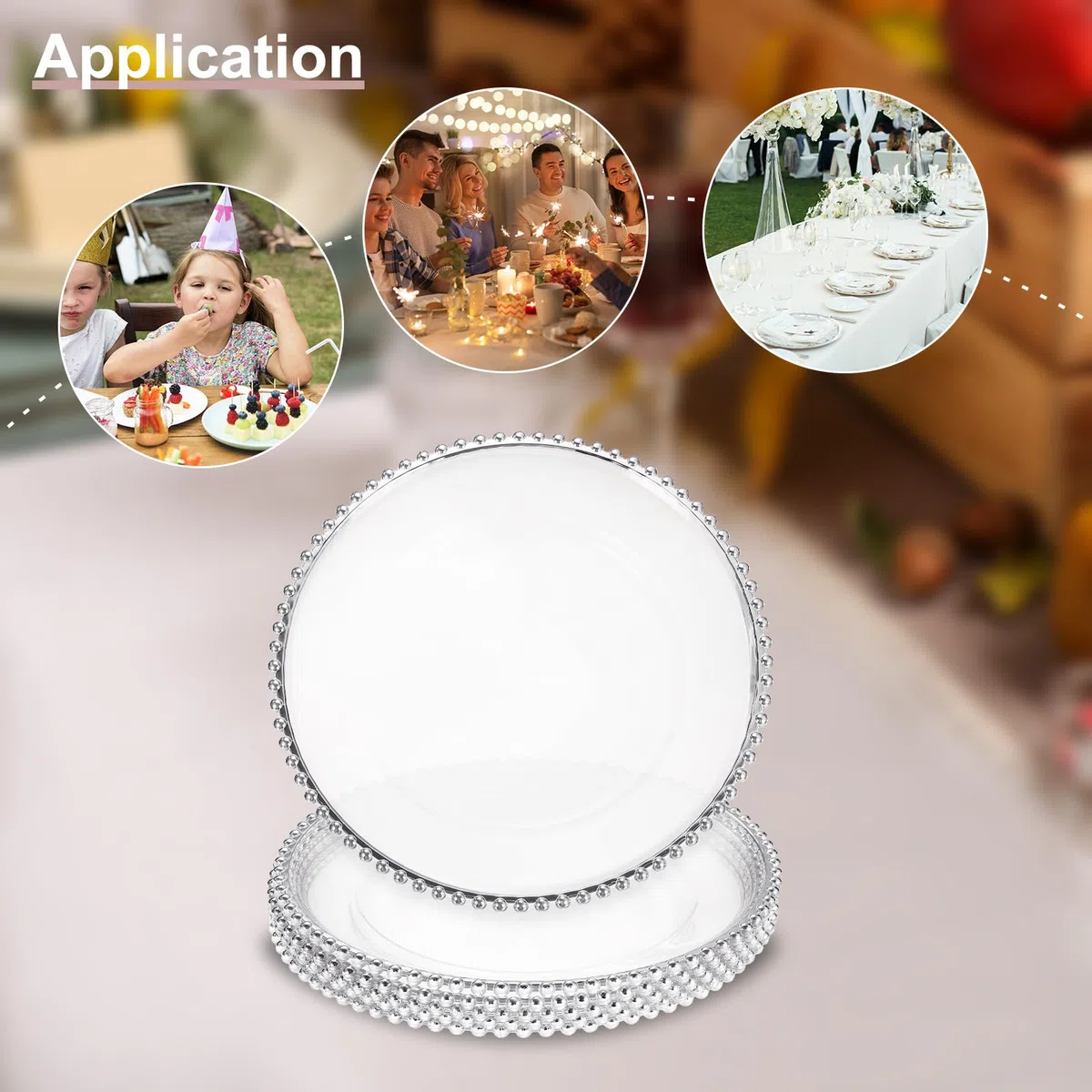 QUARKZMAN 6 plateaux de service transparents en gros, 13" plateaux ronds en plastique avec bordure perlée pour décoration de table de mariage, fête ou événement, argent