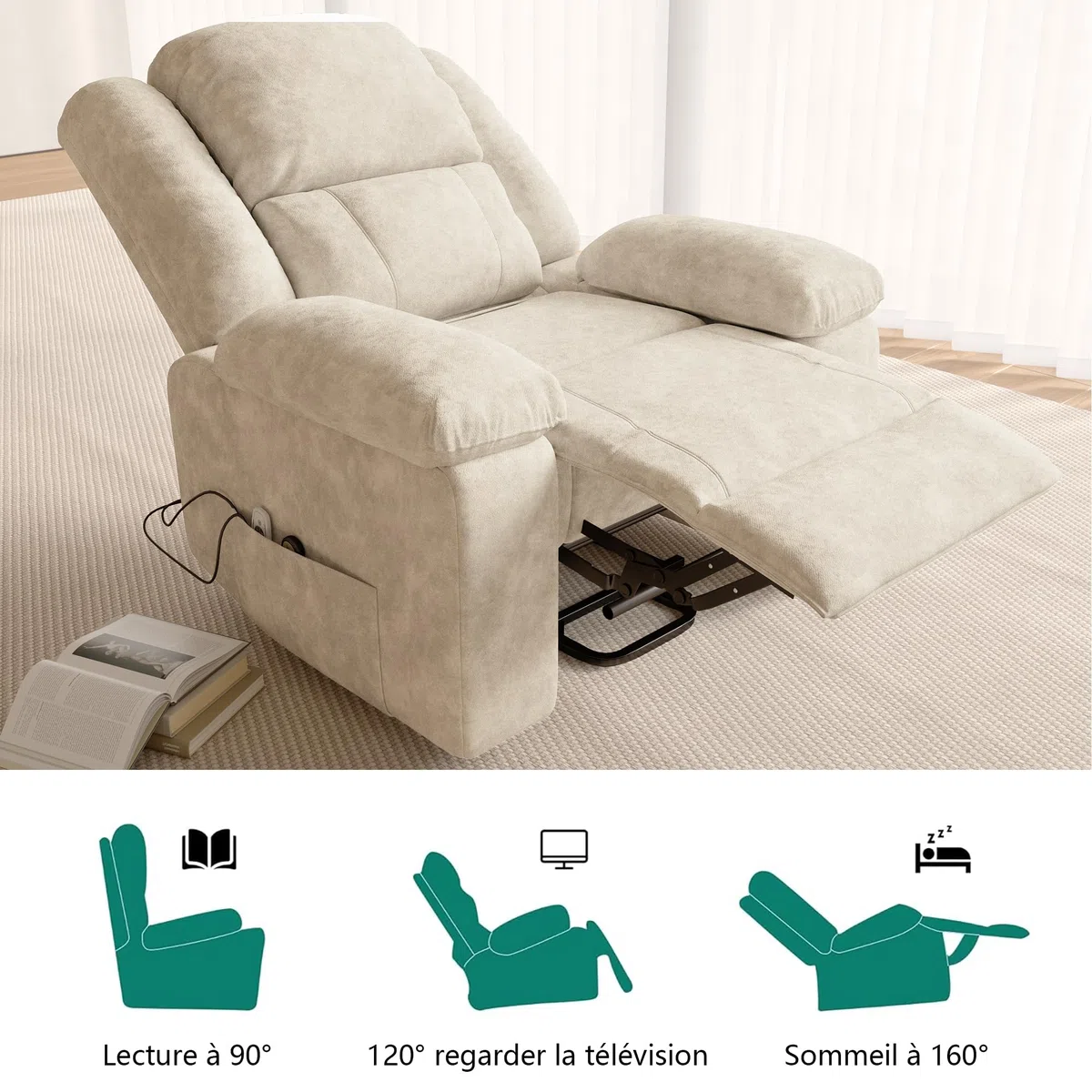 LIVLUX Fauteuil de Massage électrique, Fauteuil releveur électrique avec Fonction Massage et Chaleur, avec Poches latérales et Repose-Pieds Extensibles, canapé de Relaxation inclinable (Beige)