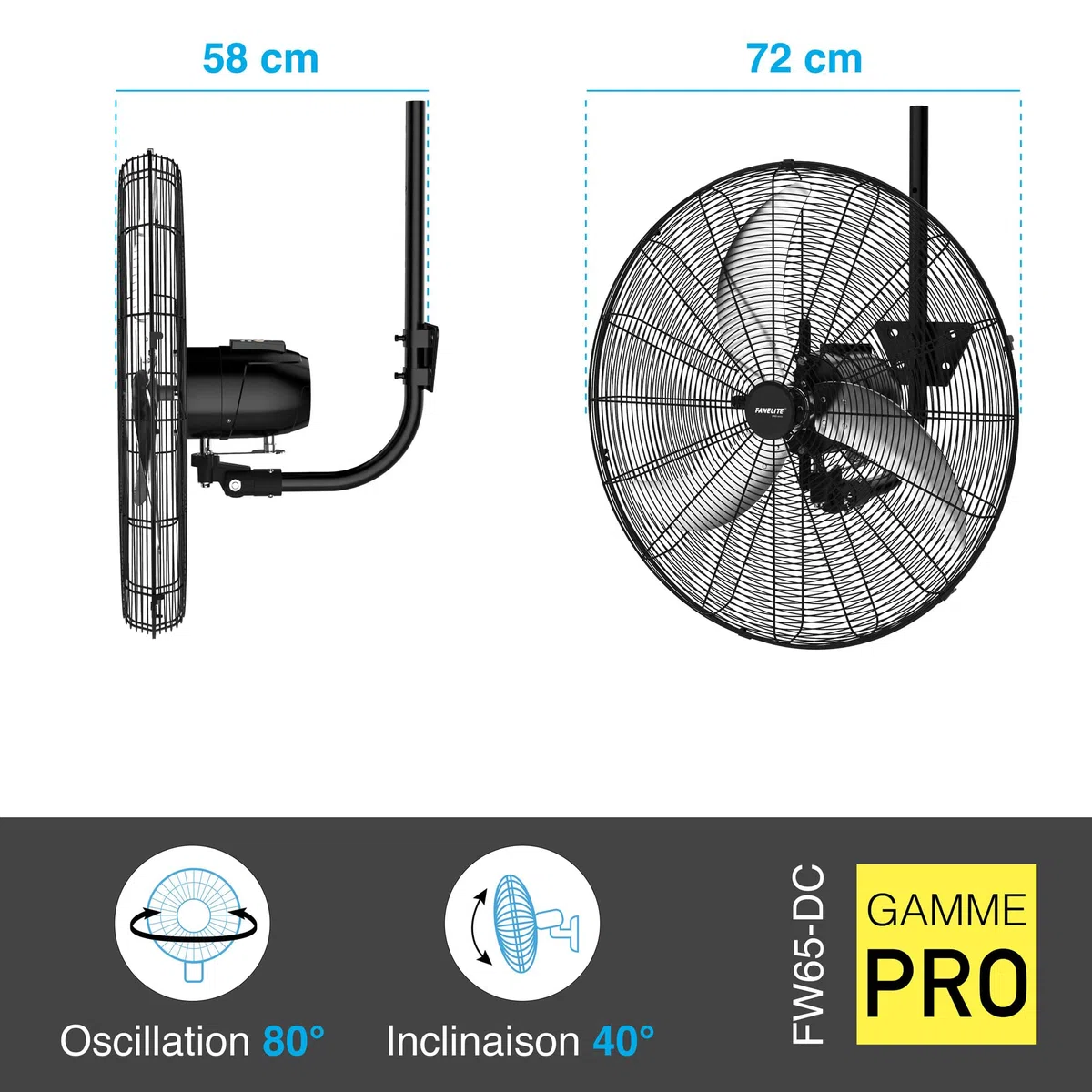 Fanelite Ventilateur mural professionnel FW65-DC – 65 cm – Moteur DC silencieux – Débit d’air 250 m³/min – 6 vitesses – Télécommande – Puissant – Usage pro/commercial