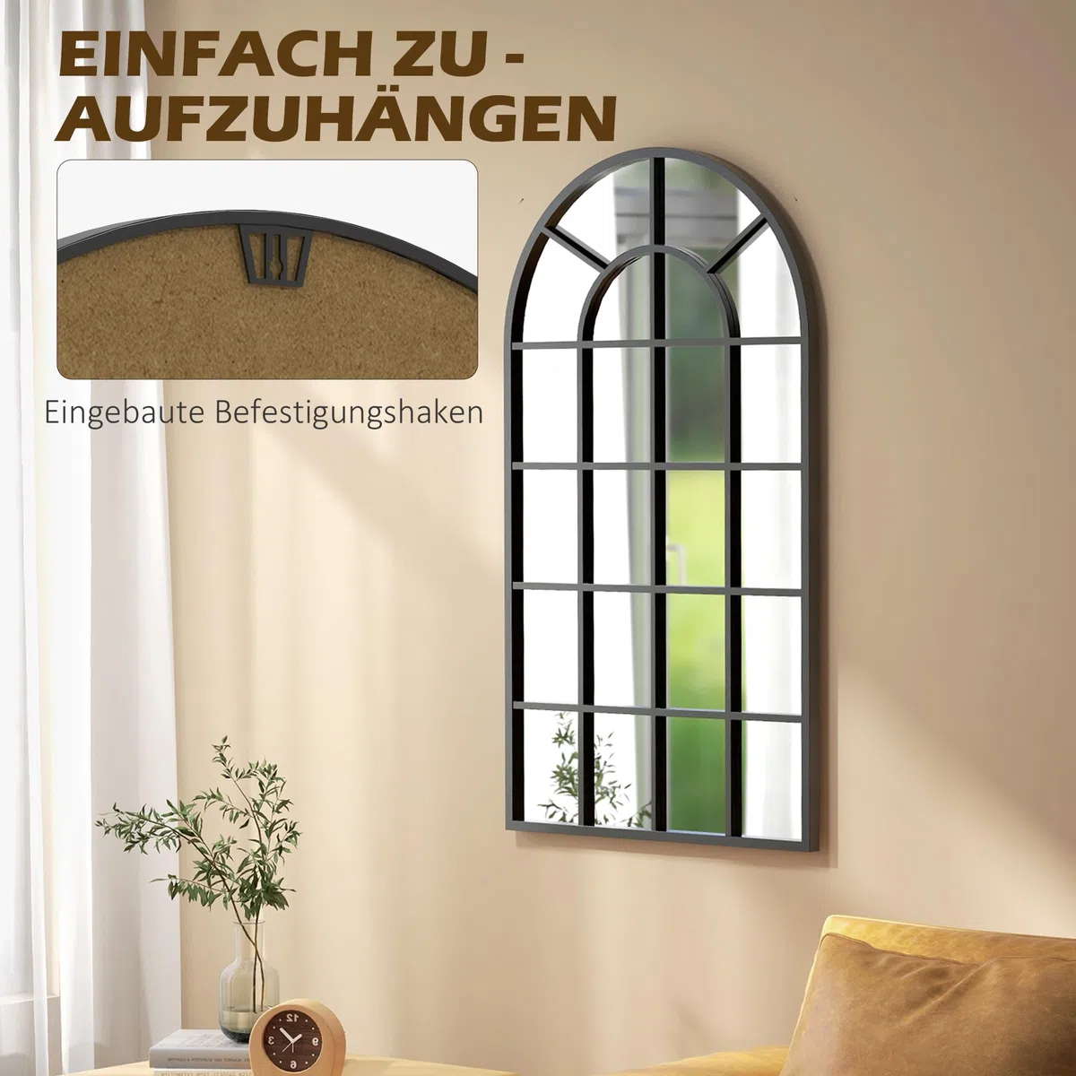 HOMCOM Miroir verrière Arche Style Industriel fenêtre Arcade métal Noir - 110 x 65 cm