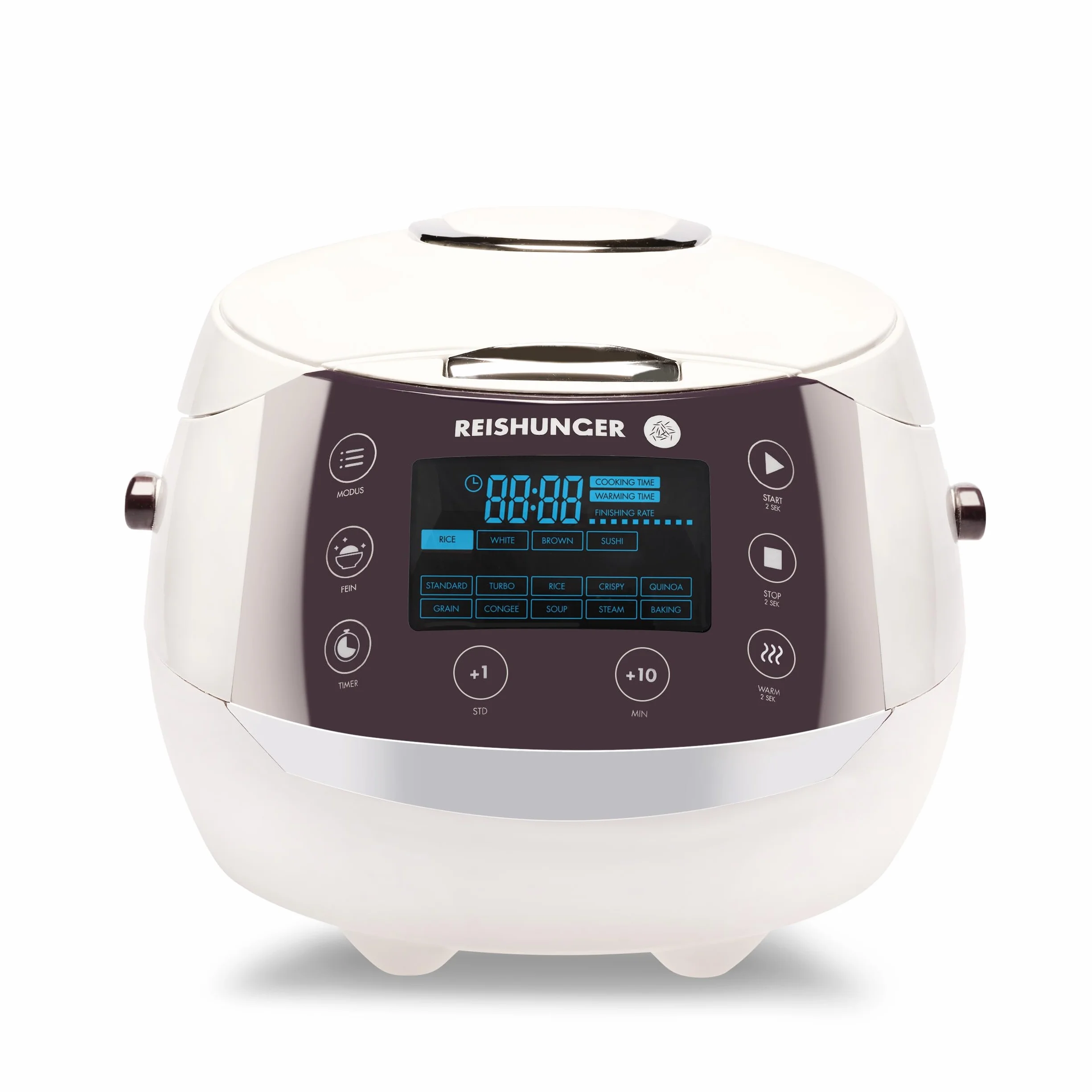 REISHUNGER Cuiseur à riz (rice cooker) & cuiseur vapeur numérique blanc avec avec bol en céramique & - 12 programmes, technologie 7 phases, 1.5 l jusqu'à 8 personnes - Robot cuiseur | Jusqu'à 8 personnes - Minuteur et récipient intérieur Premium - Marmite