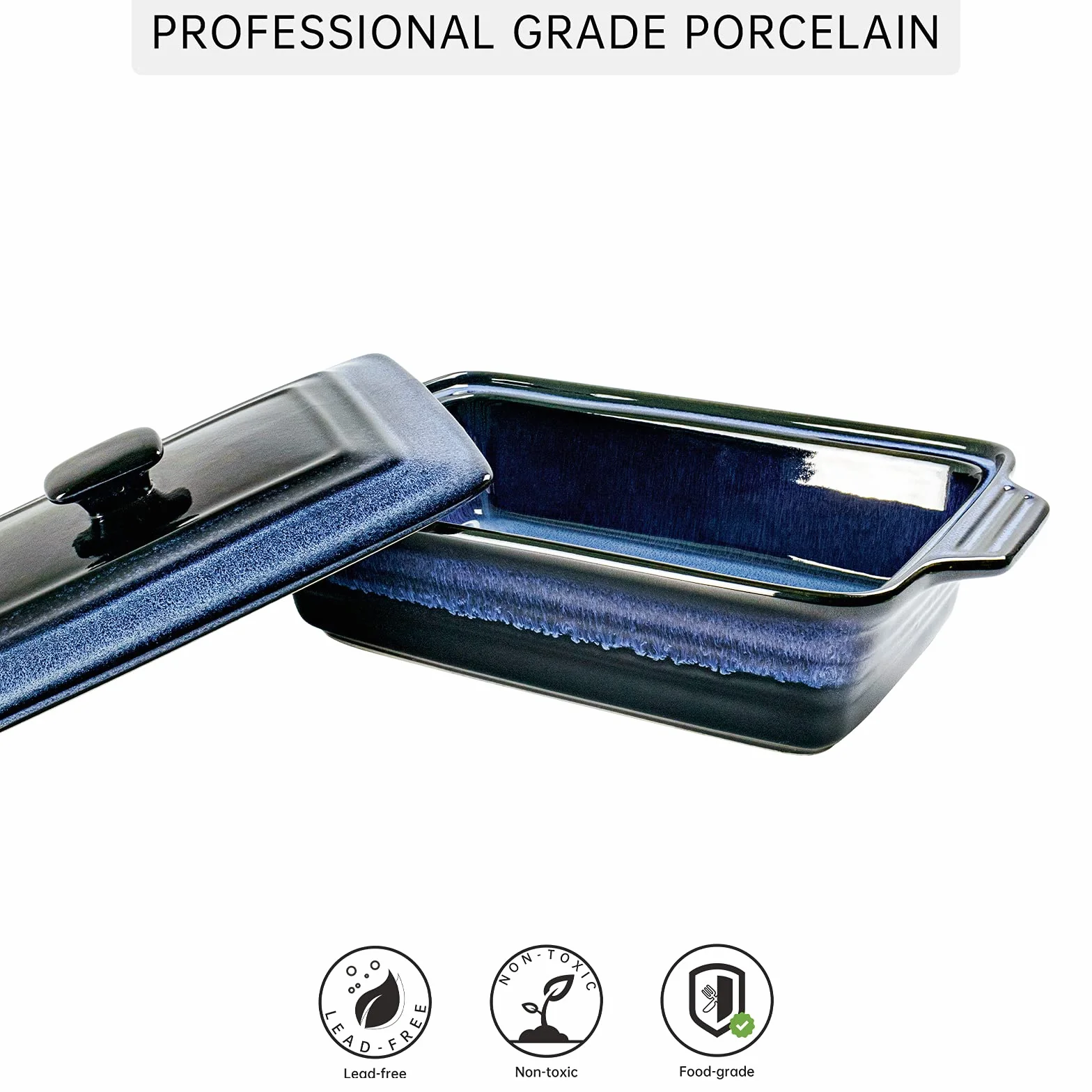 UNICASA Plat à Rôtir Céramique avec Couvercle, Cocotte Rectangulaire Bleu 3000 ML, Moule Passe au Four à Micro-Ondes - Glaçure Réactive, Bleu - 3 L