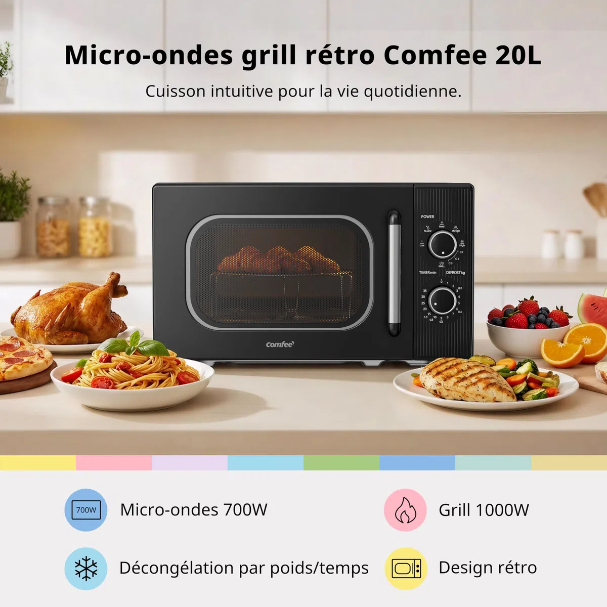 COMFEE' Four à Micro-ondes avec Grill, 20 Litres, 700 W, Grill 1000 W, 5 Niveaux de Puissance, Minuterie 1-35 min, Design Compact, Noir