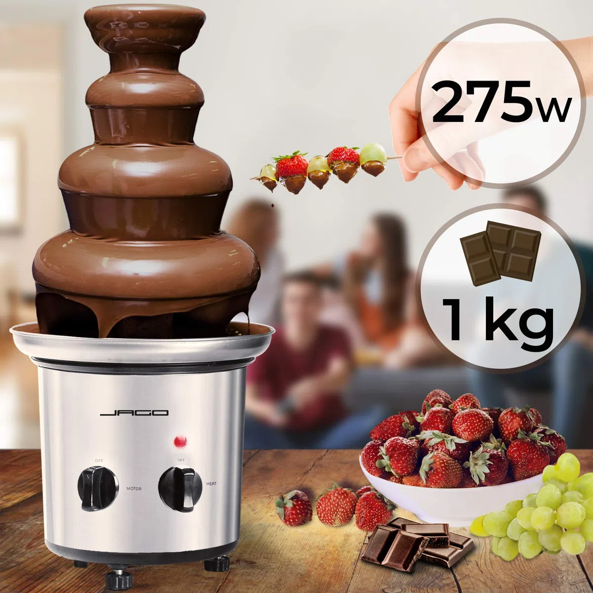 Jago® Fontaine à Chocolat 275 W - 4 Étages, Capacité 1 kg, Électrique, H 39 cm, en Acier Inoxydable, Lavable dans le Lave-Vaisselles, Argenté - Fondue au Chocolat, Fruits