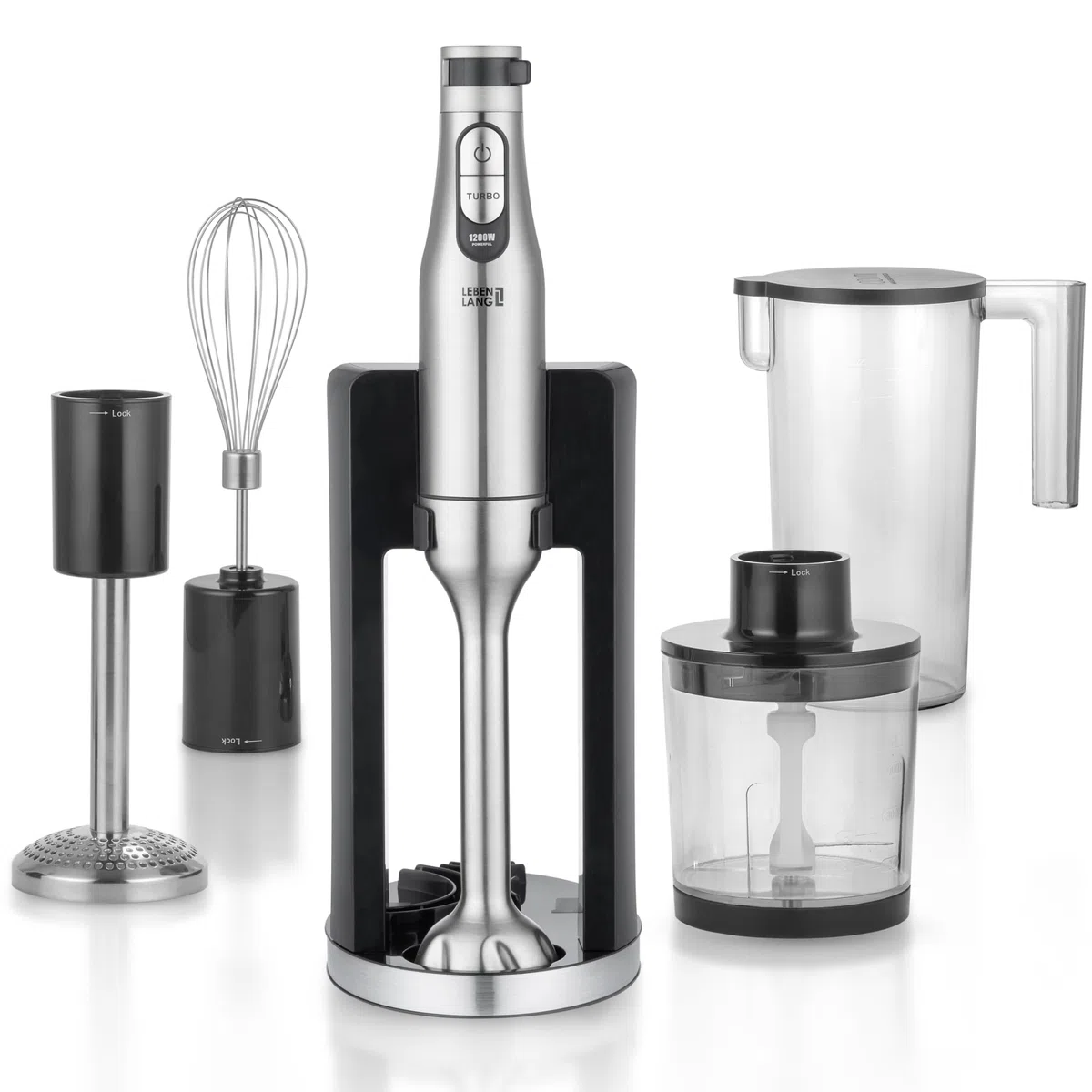 LEBENLANG Premium 1200W Set Mixeur plongeant - 5 Accessoires et protection anti-éclaboussures inclus I Réglable en continu & Turbo I Mixer plongeur blender Mixeurs soupe Hand blender professionnel