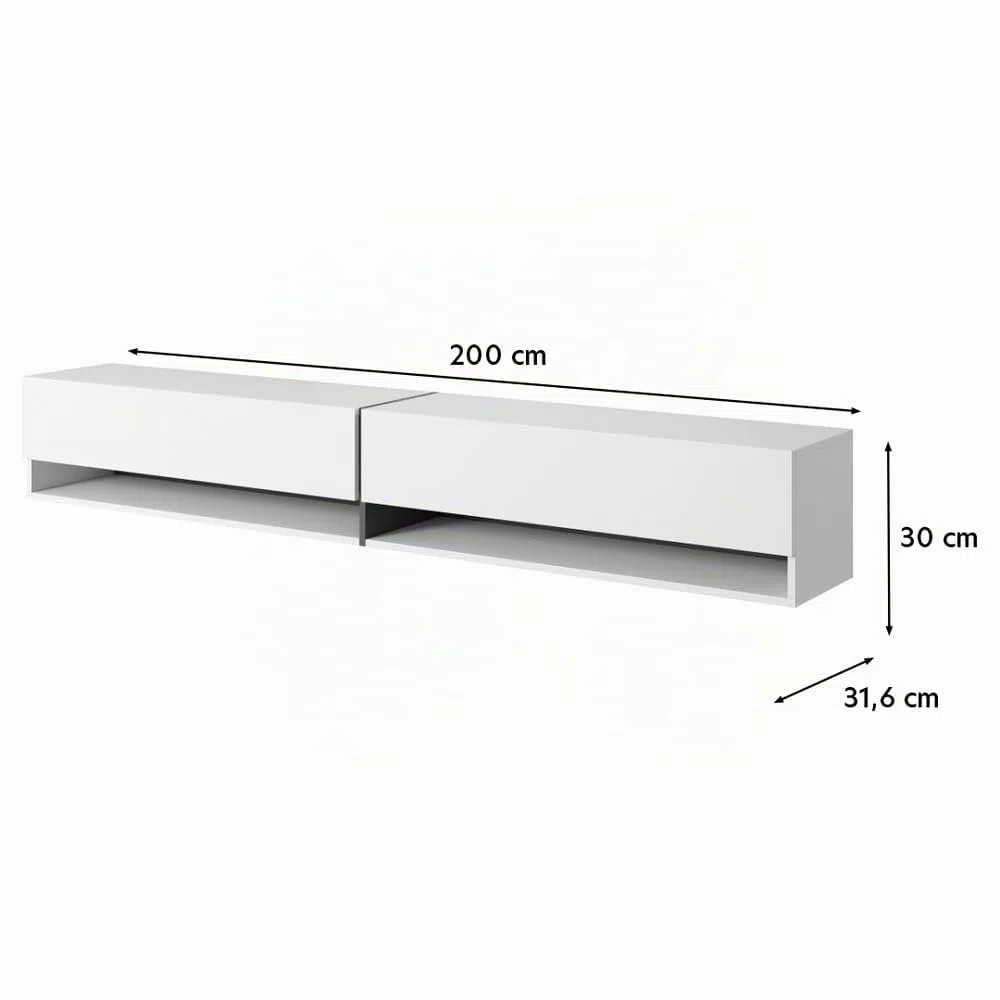 Selsey Meuble TV Armoire De Télévision 200 cm Suspendu Salle De Séjour Chambre À Coucher Blanc avec Insert Doré Bisira