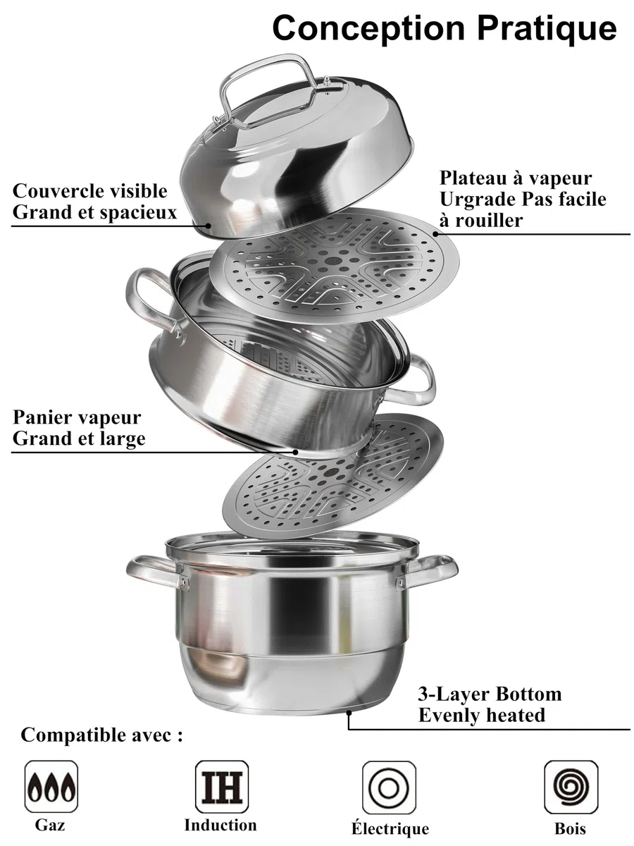 VENTION Cuiseur Vapeur INOX 34 cm, Cuit Vapeur Induction 3 Etages