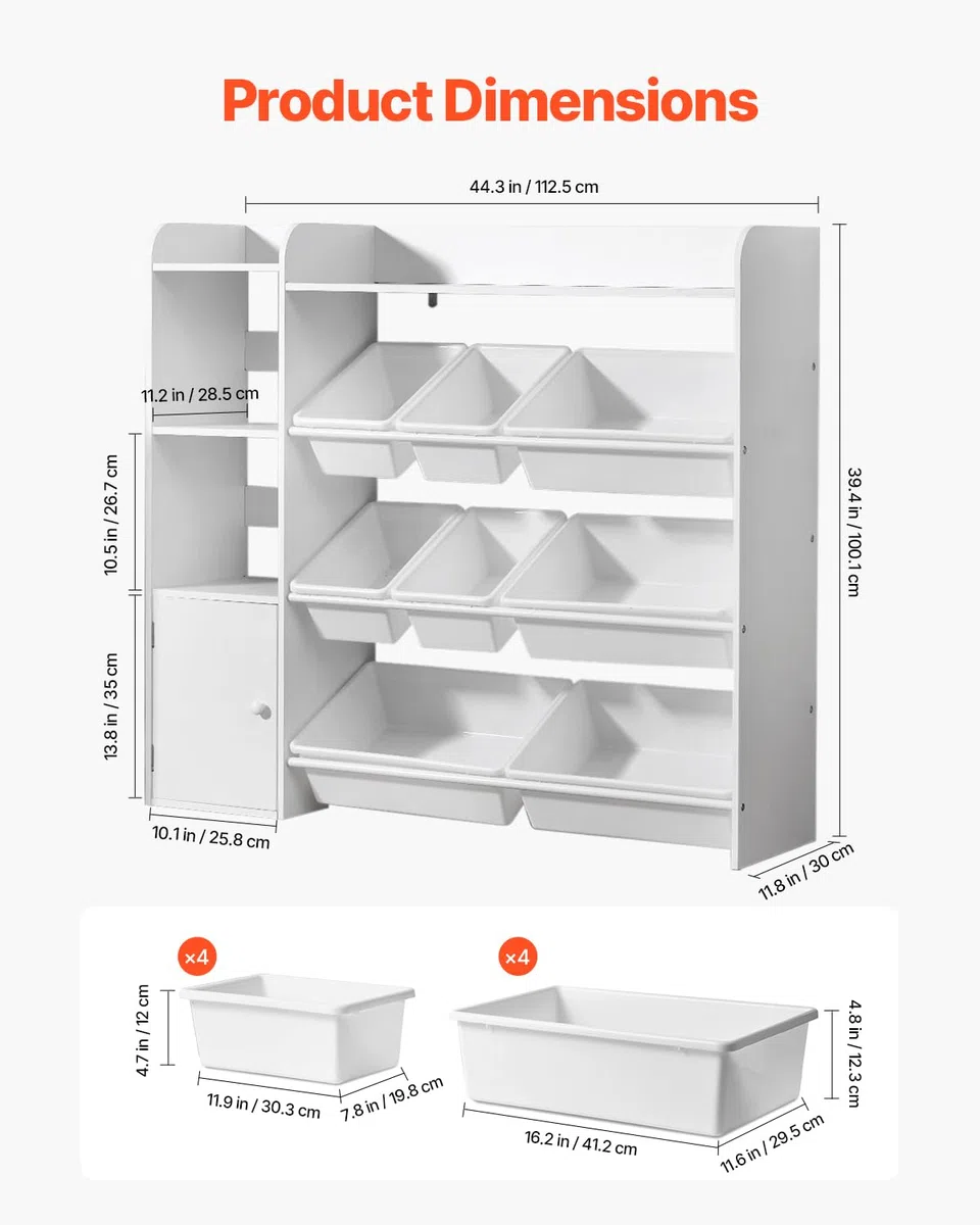 VEVOR Meuble de Rangement Jouets Enfant à 4 Niveaux avec bibliothèque, étagère d'organisateur de Jouets avec 8 bacs en Plastique Flexibles, pour Salle d'étude, Chambre, Salle de Jeux, crèche, Blanc