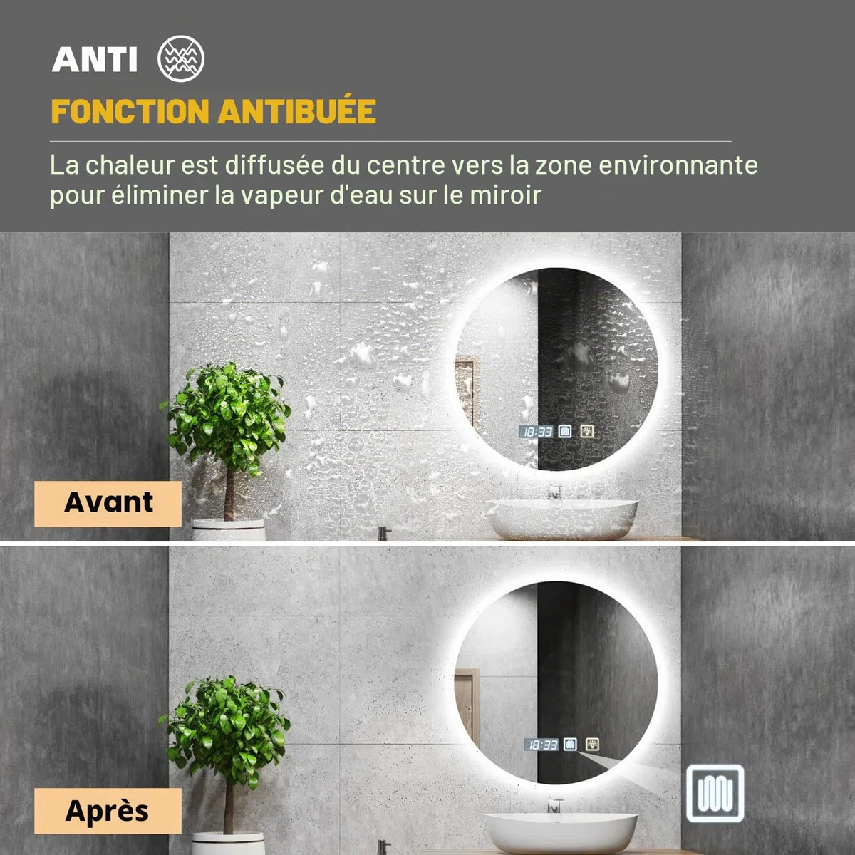 Miroir de Salle de Bain avec Éclairage 60 x 60 cm, Miroir LED Circulaire avec Anti-Buée, Dimmable, 3 Températures de Couleur, Réglage de L'heure, Fonction Mémoire, Capteur Tactile