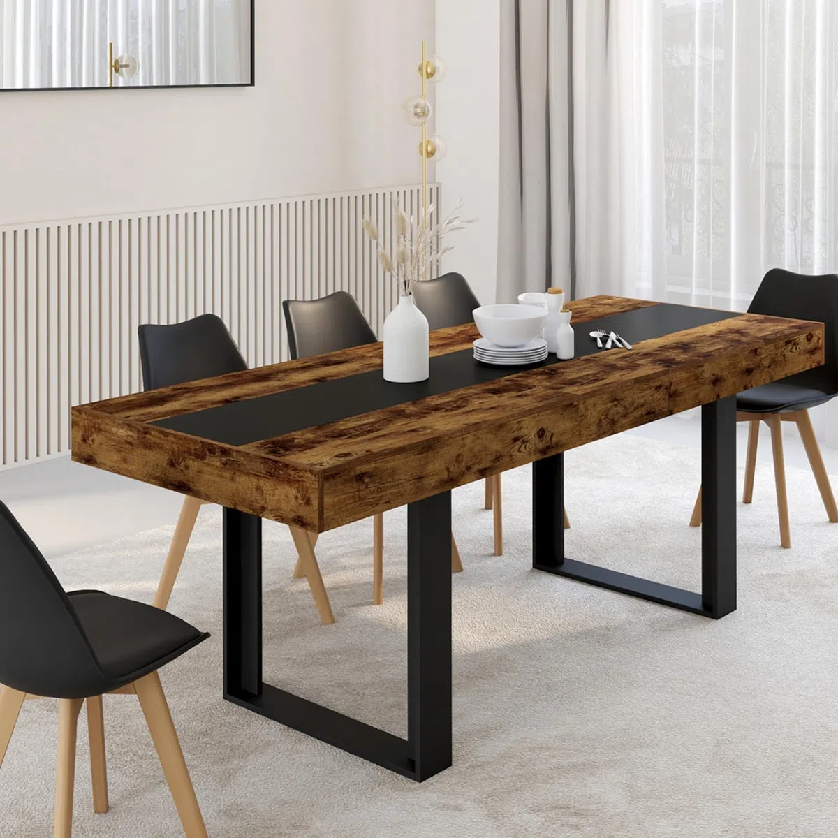IDMarket - Table à Manger Extensible Rectangle Phoenix 4-8 Personnes Bois Effet Vieilli et Noir Bande Centrale Noire 160-200 cm