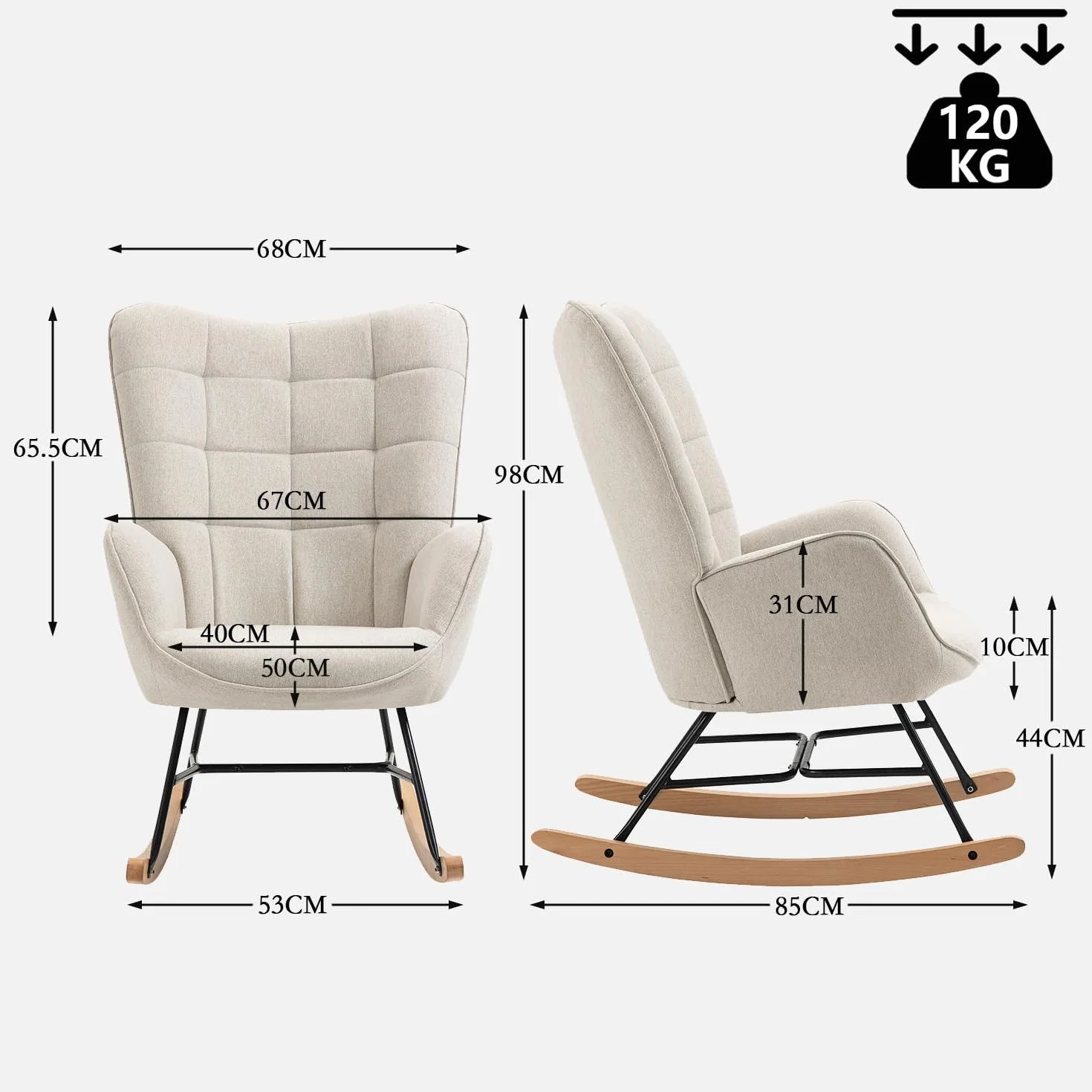 MEUBLE COSY Fauteuil à Bascule Allaitement Scandinave Chaise Loisir et Repos en Tissu avec Pieds en E' Bois Métal pour Salon, Chambre, Massif, Beige, 66x84x97cm