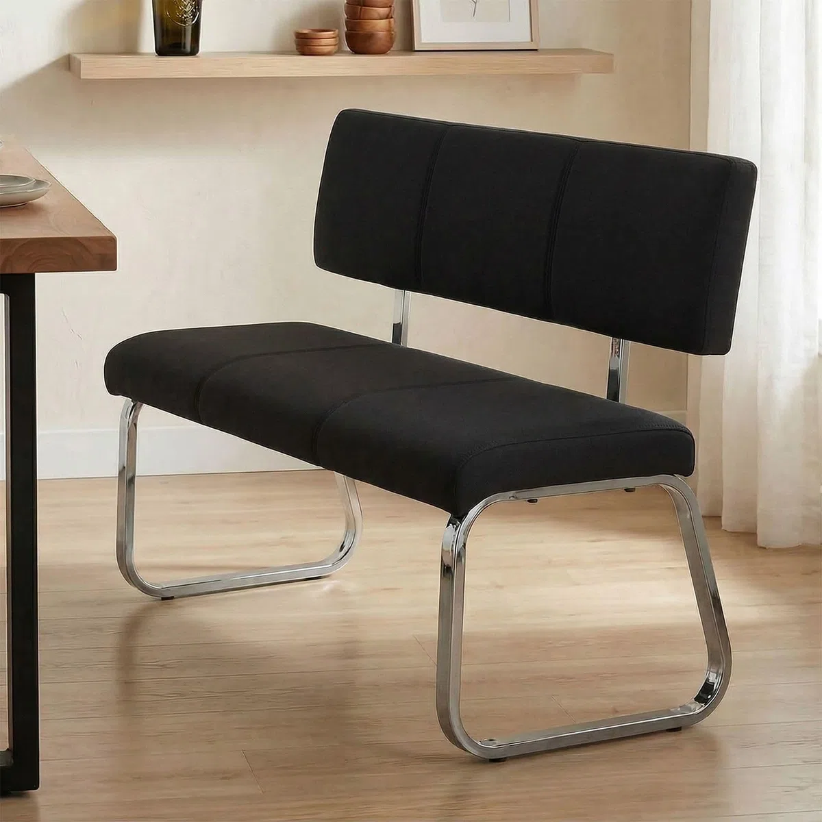 IDIMEX Banc sallle à Manger Vilas L 135 cm, siège avec 3 Places, Banquette au piètement chromé et Dossier au revêtement en Tissu Noir