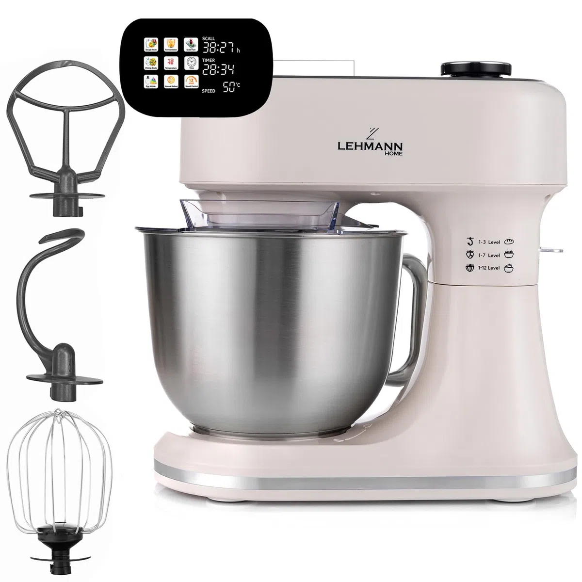 LEHMANN Robot Pâtissier avec Écran, 1500W, Bol Mélangeur 5L avec Fonction Fermentation et Chauffage, Balance Intégrée, 12 Vitesses, Minuterie, 3 Mélangeurs - Fouet, Batteur, Crochet, Beige