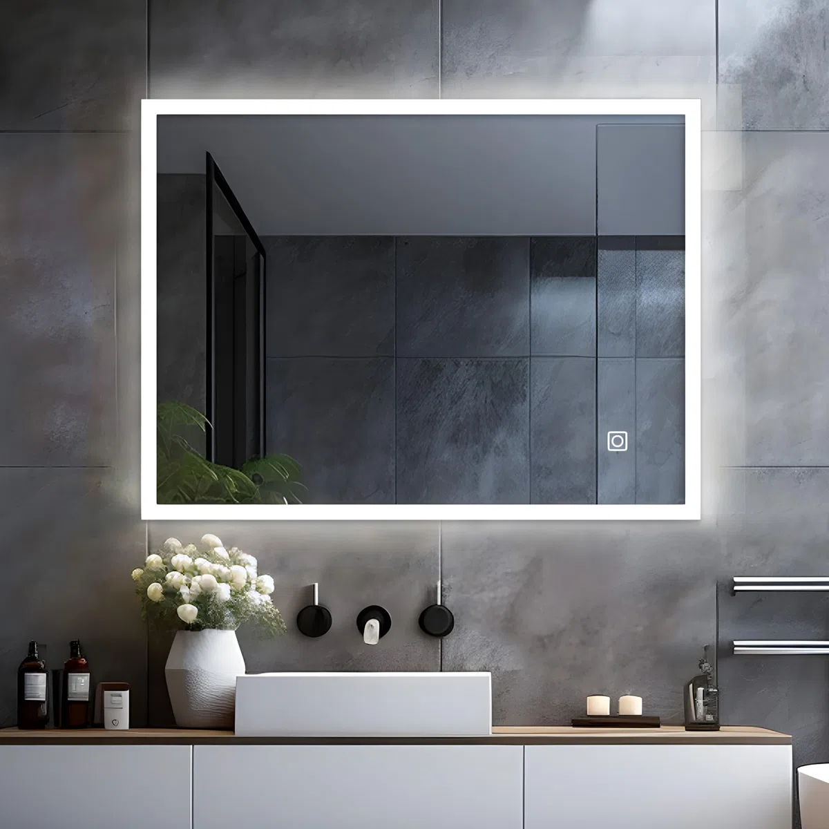 LISA Miroir de Salle de Bain LED 60 x 50 cm Grand Miroir Lumineux Salle de Bain avec éclairage 600 x 500 mm Miroir Mural avec Tactile - Blanc Froid - pour WC, Couloir - Rectangulaire