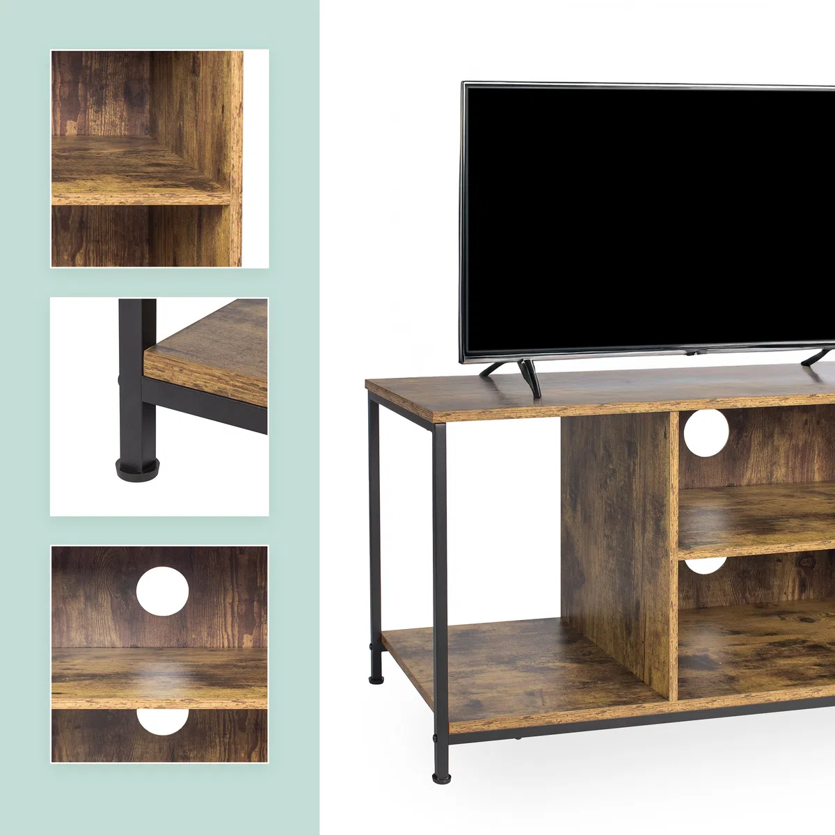 Relaxdays Meuble TV Industriel 4 Compartiments, Passe-câbles, pour TV Jusqu’à 55", Brun/Noir 50x120x40 cm