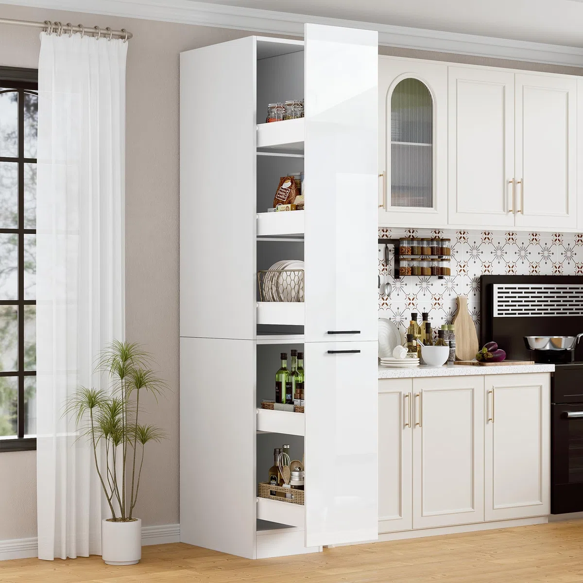 MSFE 207cm Meuble Haute de Cuisine, Meuble de Rangement Mince étroit à Tiroirs Coulissants,Moderne pour Pharmacie de Cuisine, Armoire Cuisines,207 * 56 * 30cm,Beaucoup d'espace de Rangement,Blanc bri
